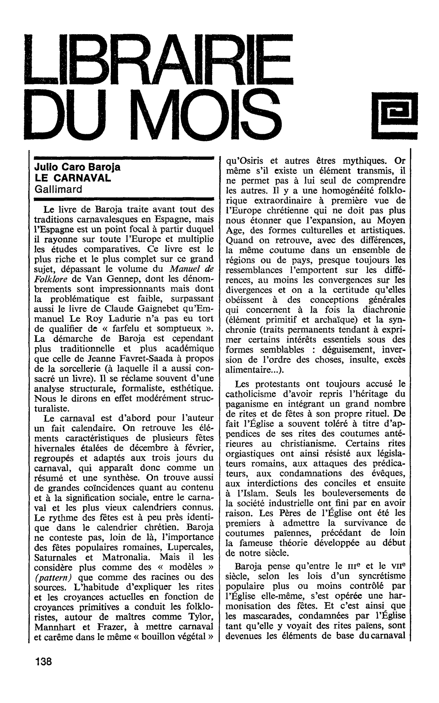 Julio Caro Baroja. LE CARNAVAL