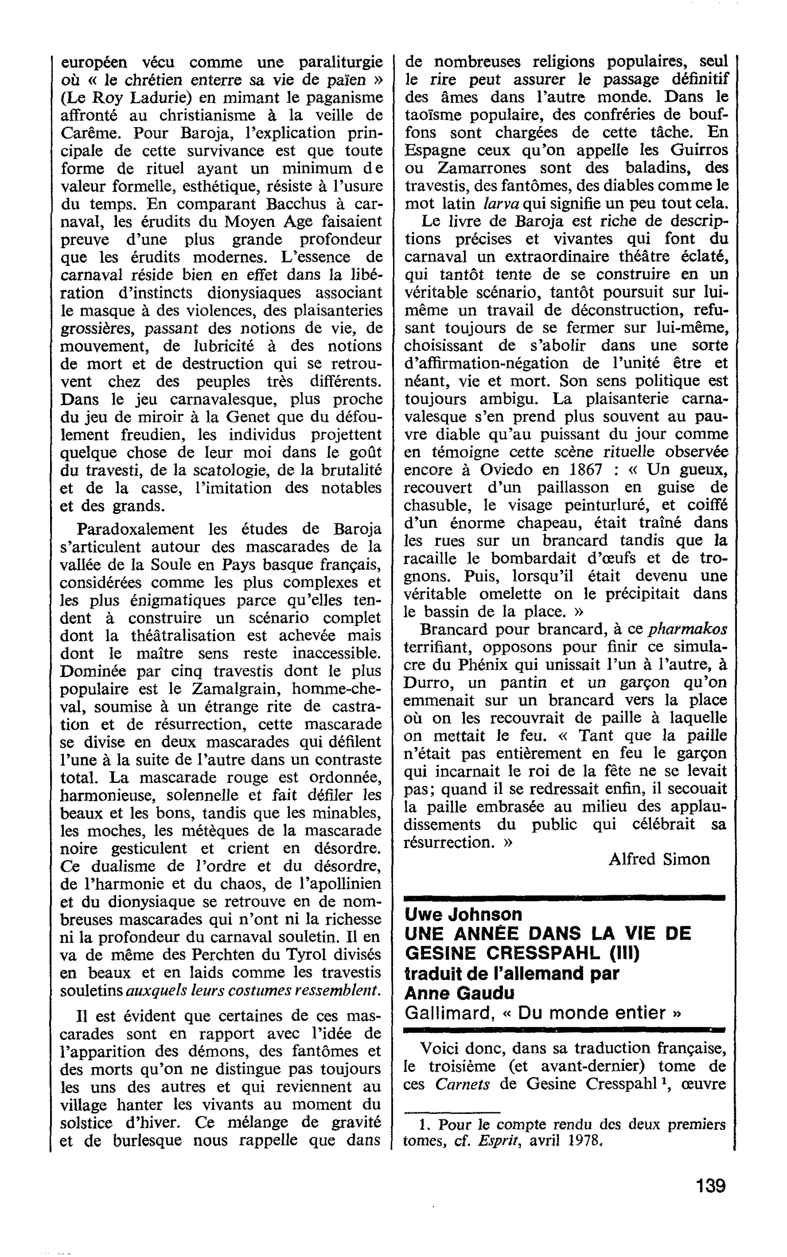 Uwe Johnson. UNE ANNÉE DANS LA VIE DE GESINE CRESSPAHL (III)