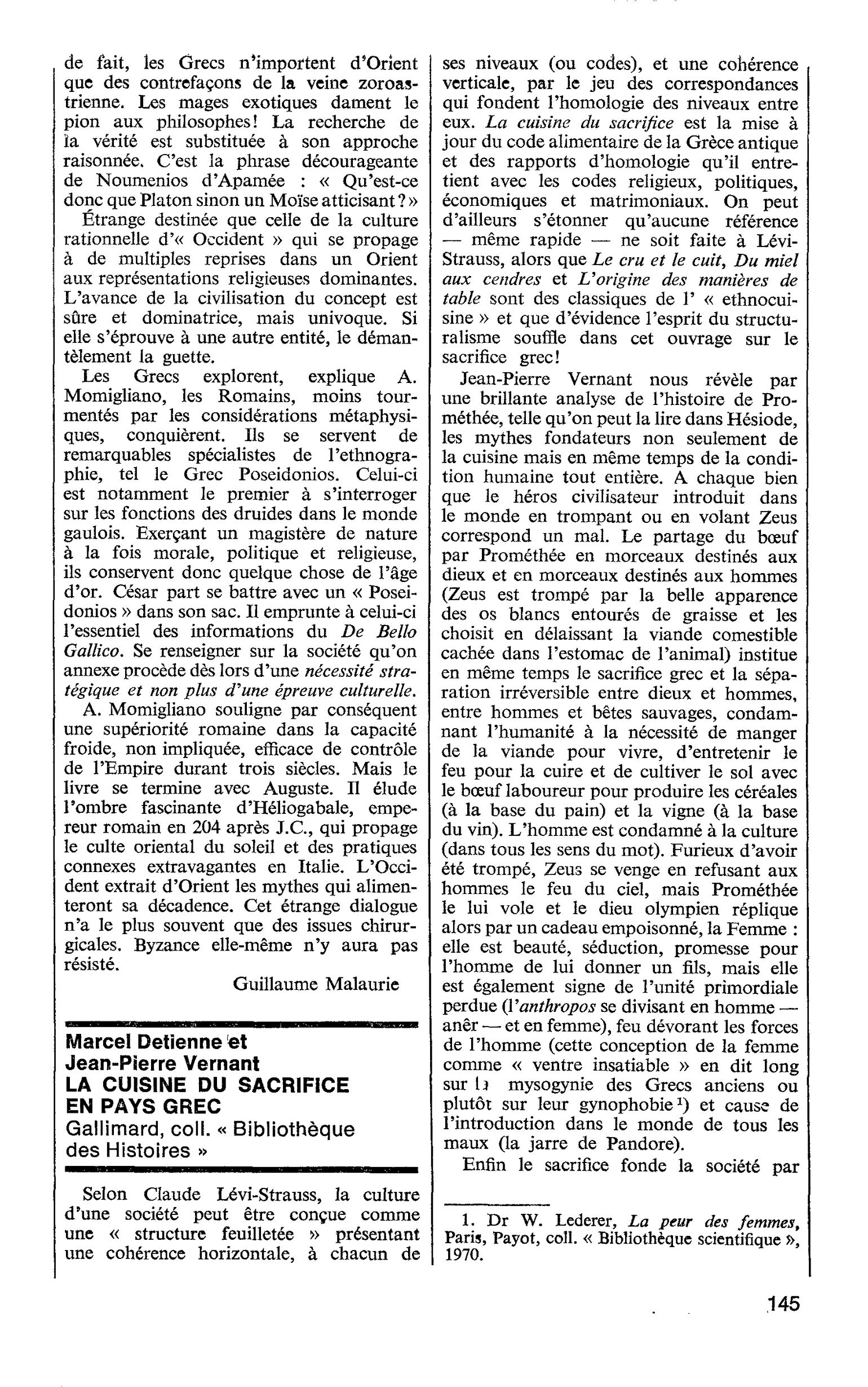 Marcel Détienne et Jean-Pierre Vernant. LA CUISINE DU SACRIFICE EN PAYS GREC