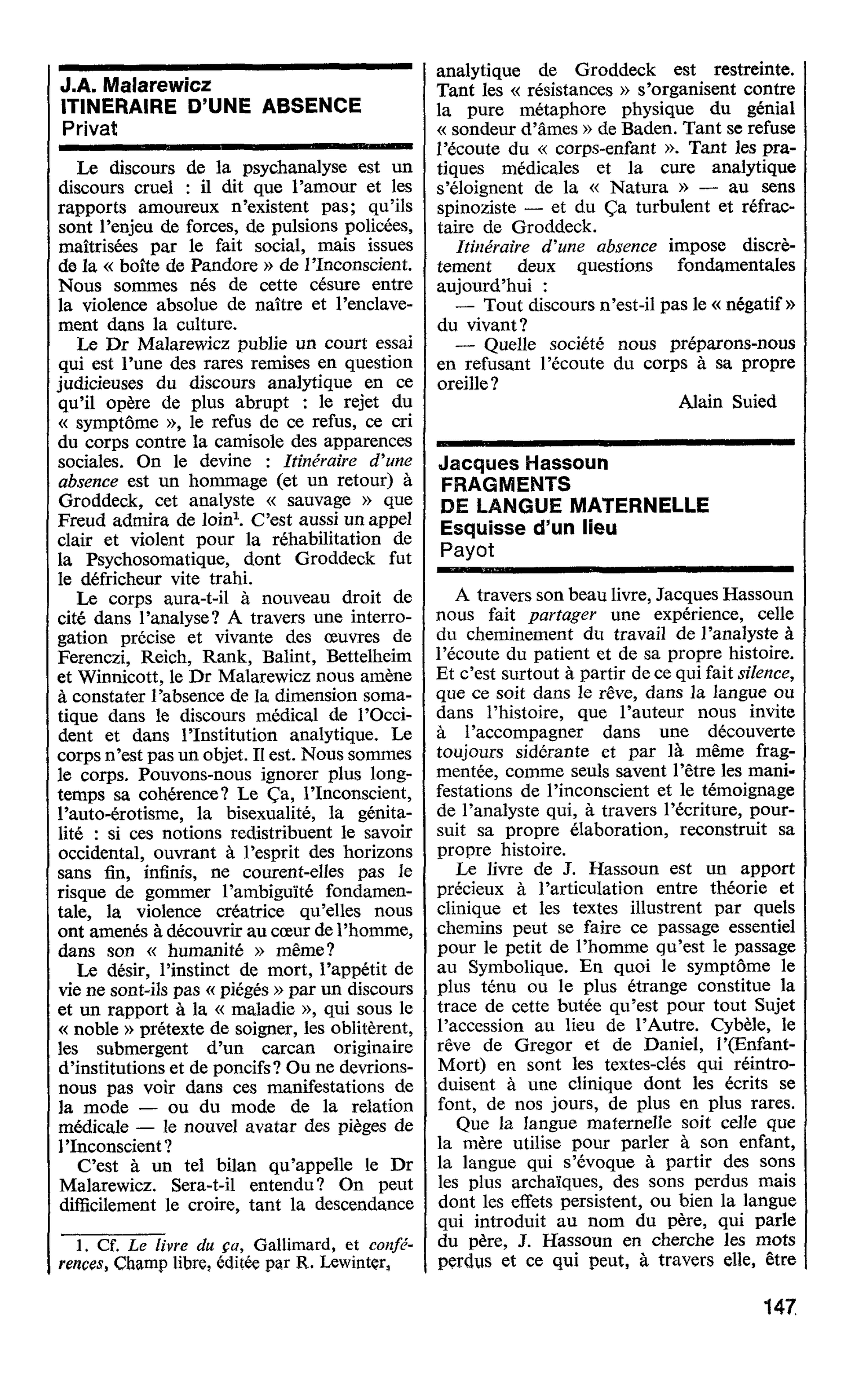 J.A. Malarewicz. ITINERAIRE D’UNE ABSENCE