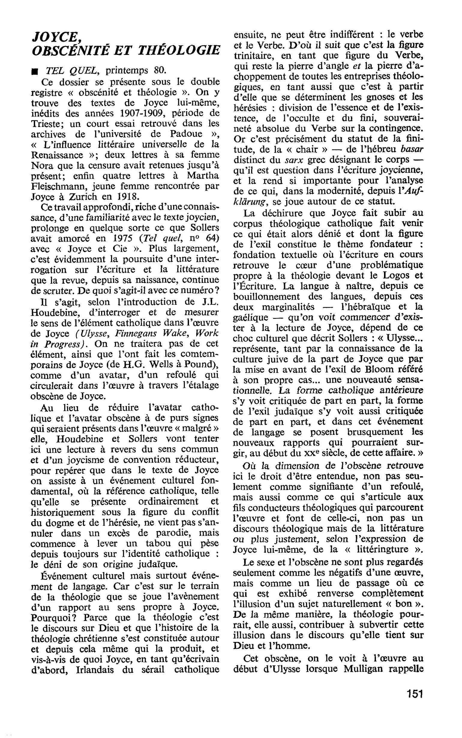 JOYCE, OBSCÉNITÉ ET THÉOLOGIE TEL QUEL