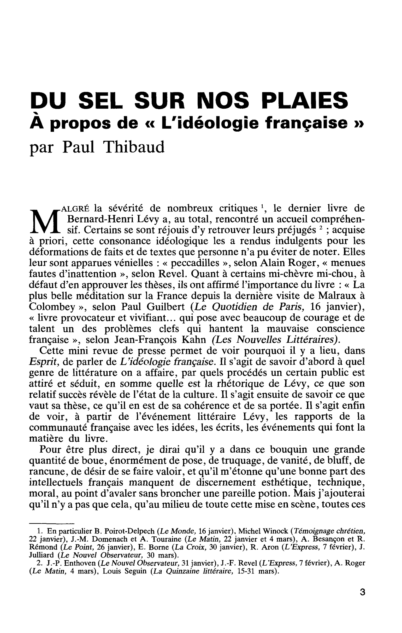 DU SEL SUR NOS PLAIES. A propos de « L’idéologie française »