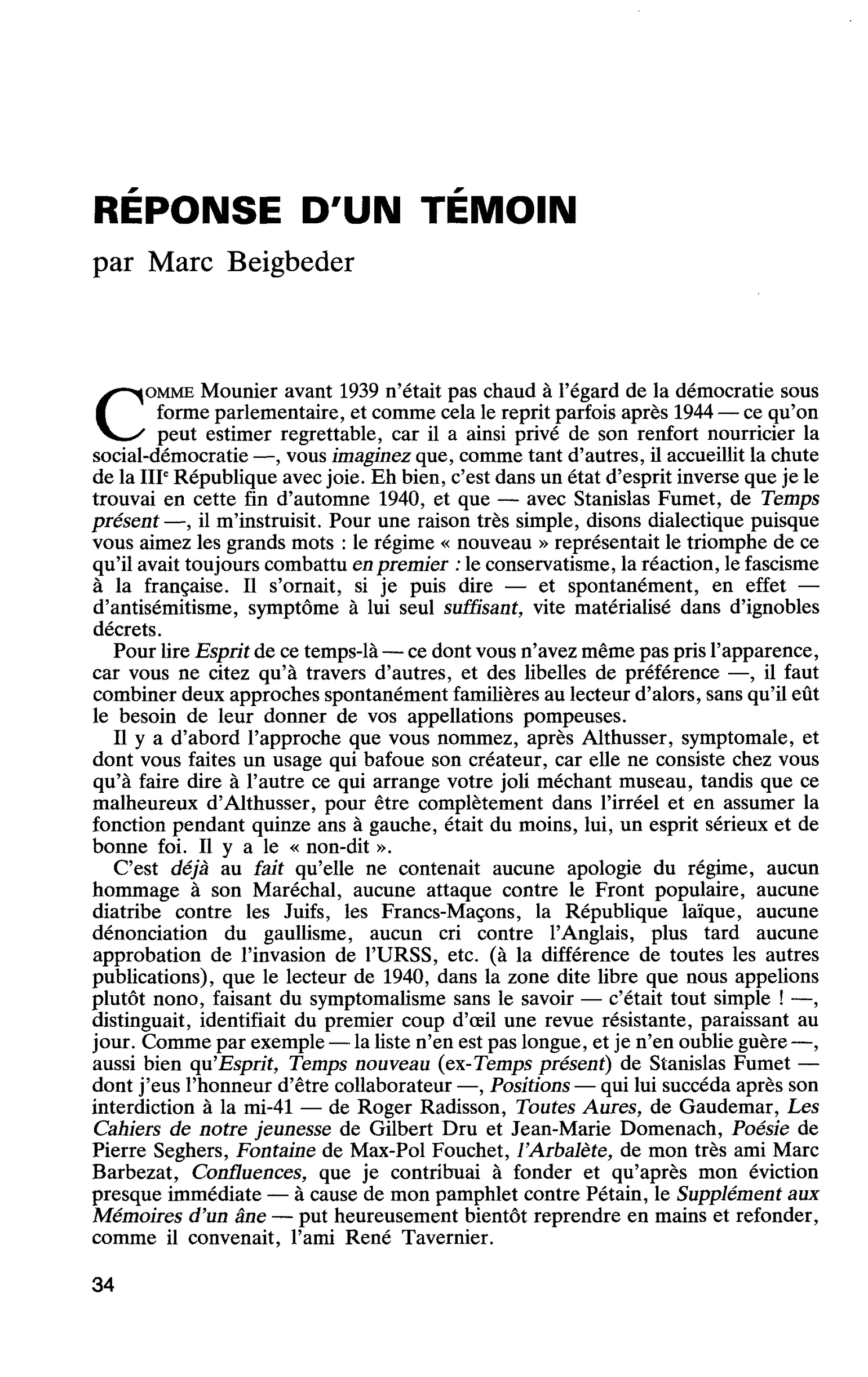 RÉPONSE D’UN TEMOIN