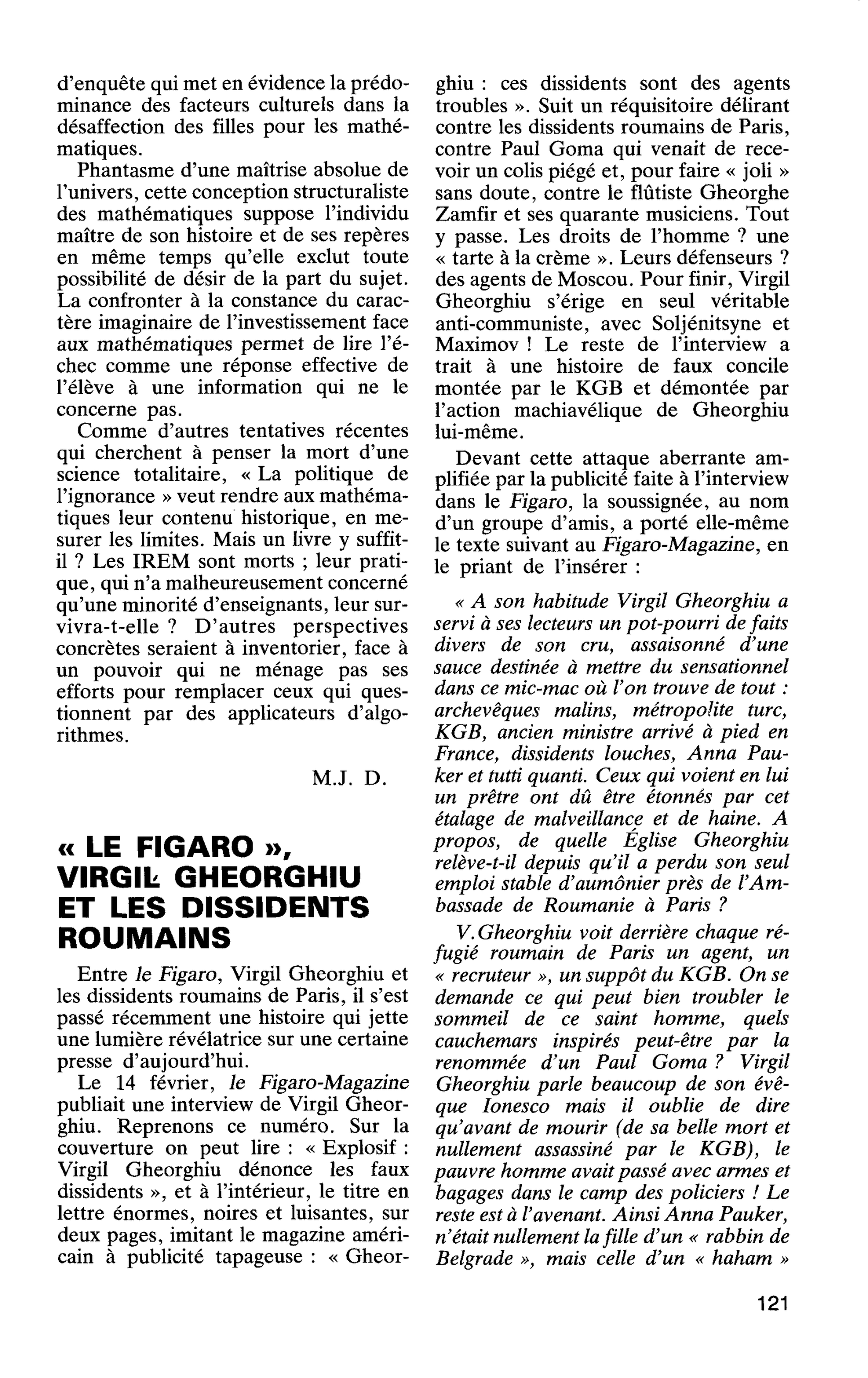 « LE FIGARO », VIRGIL GHEORGHIU ET LES DISSIDENTS ROUMAINS