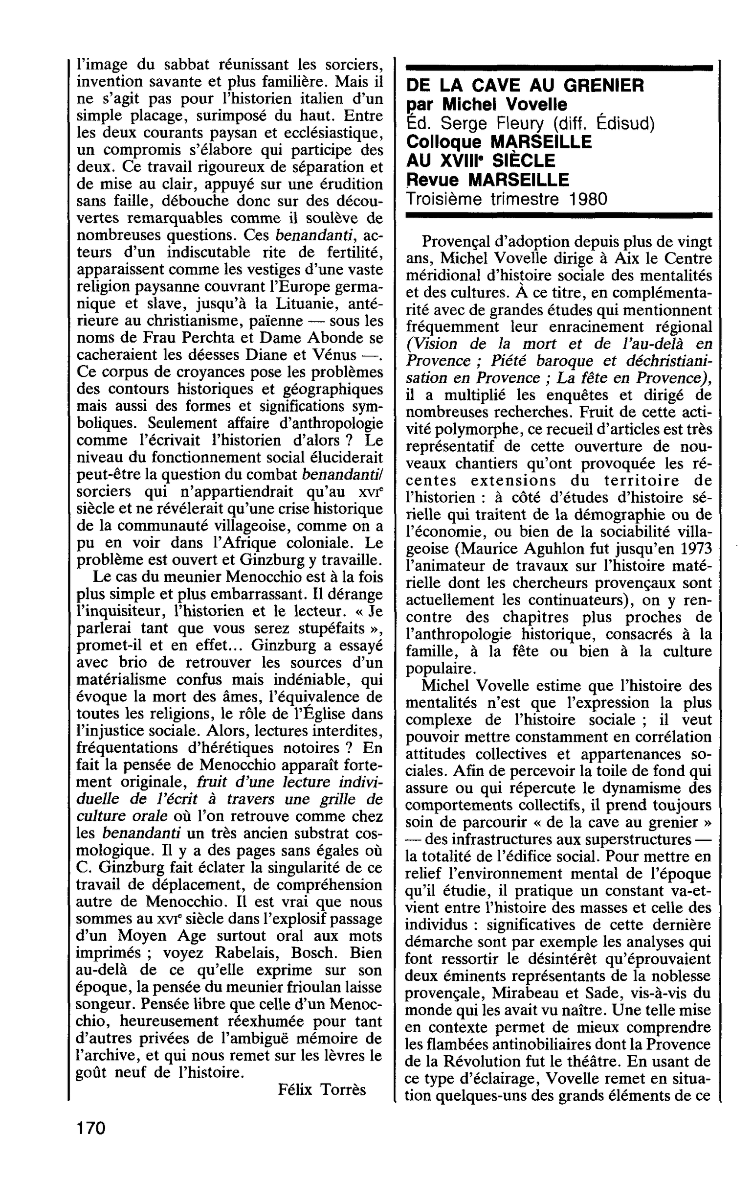 DE LA CAVE AU GRENIER par Michel Vovelle Colloque MARSEILLE AU XVIIIe SIÈCLE Revue MARSEILLE