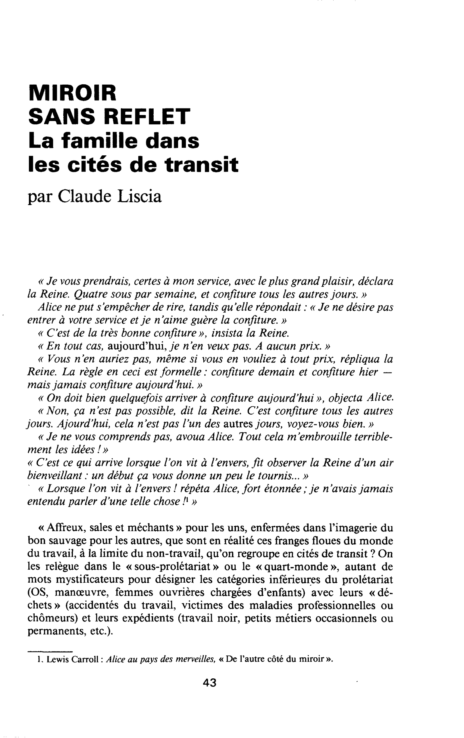 MIROIR SANS REFLET. La famille dans les cités de transit