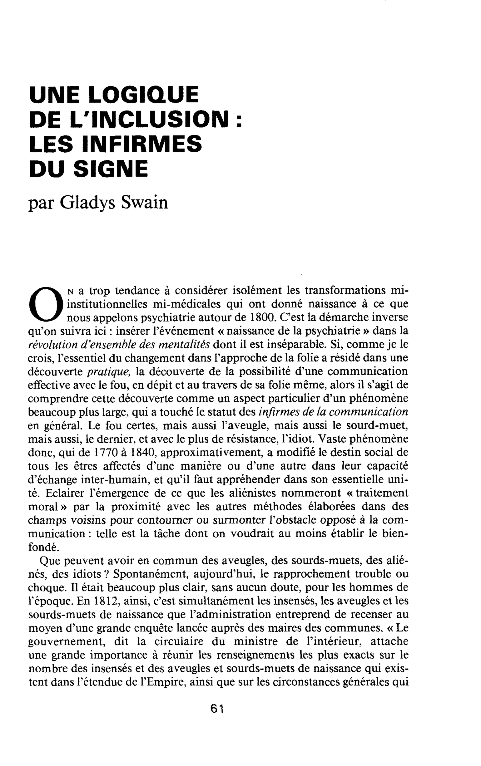 UNE LOGIQUE DE L’INCLUSION : LES INFIRMES DU SIGNE