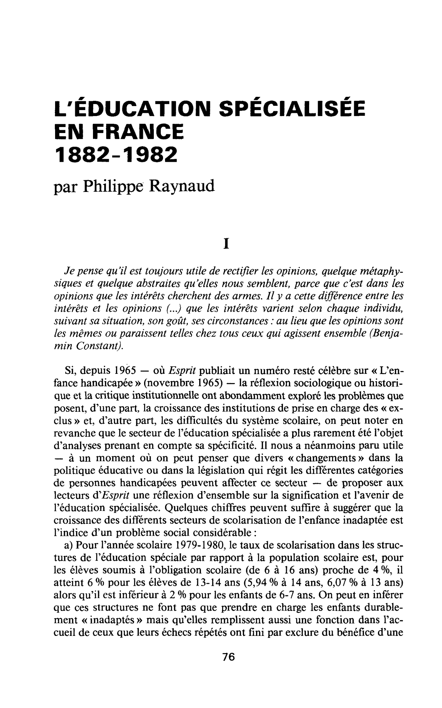 L’ÉDUCATION SPECIALISEE EN FRANCE 1882-1982