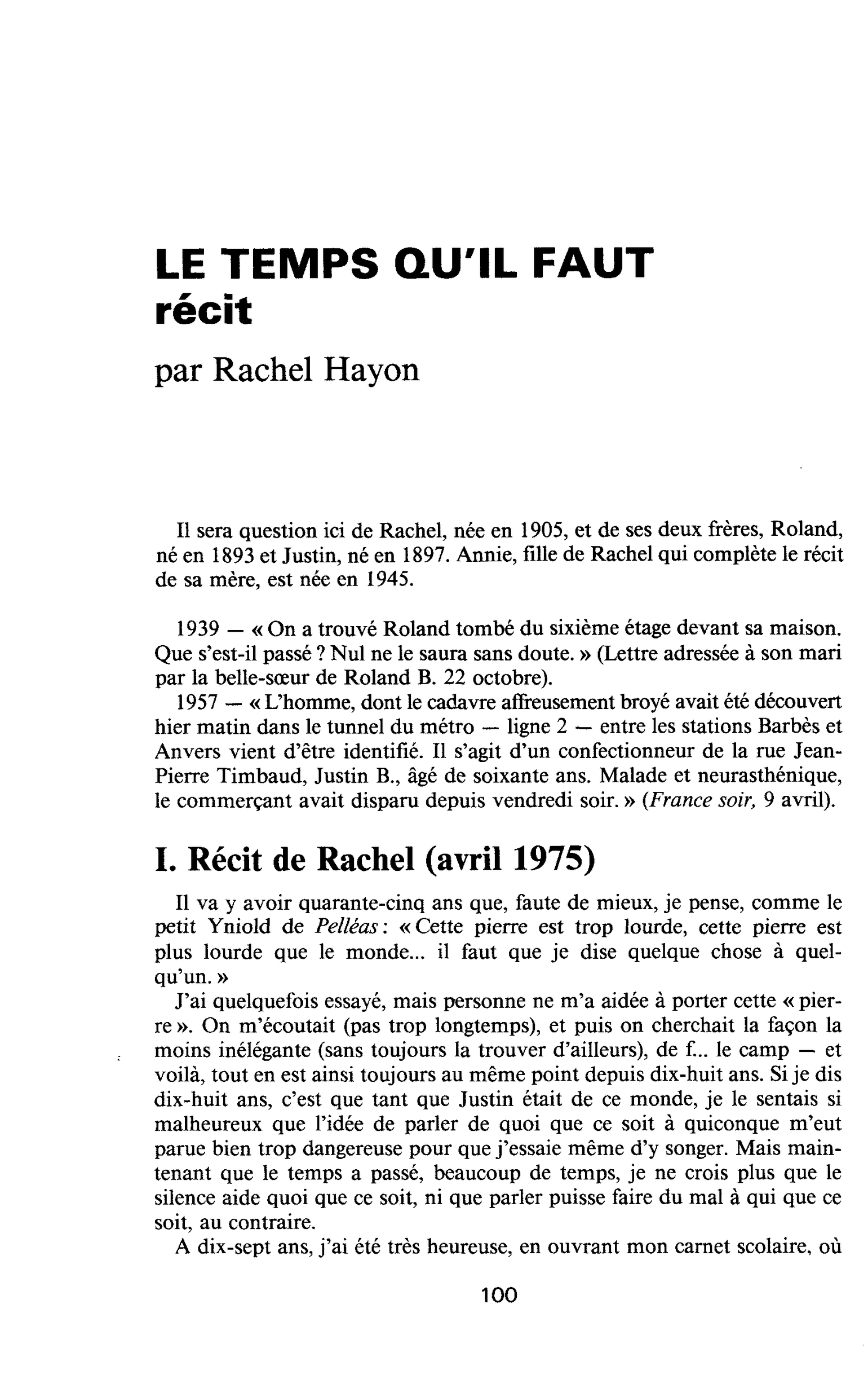 LE TEMPS QU’IL FAUT, récit