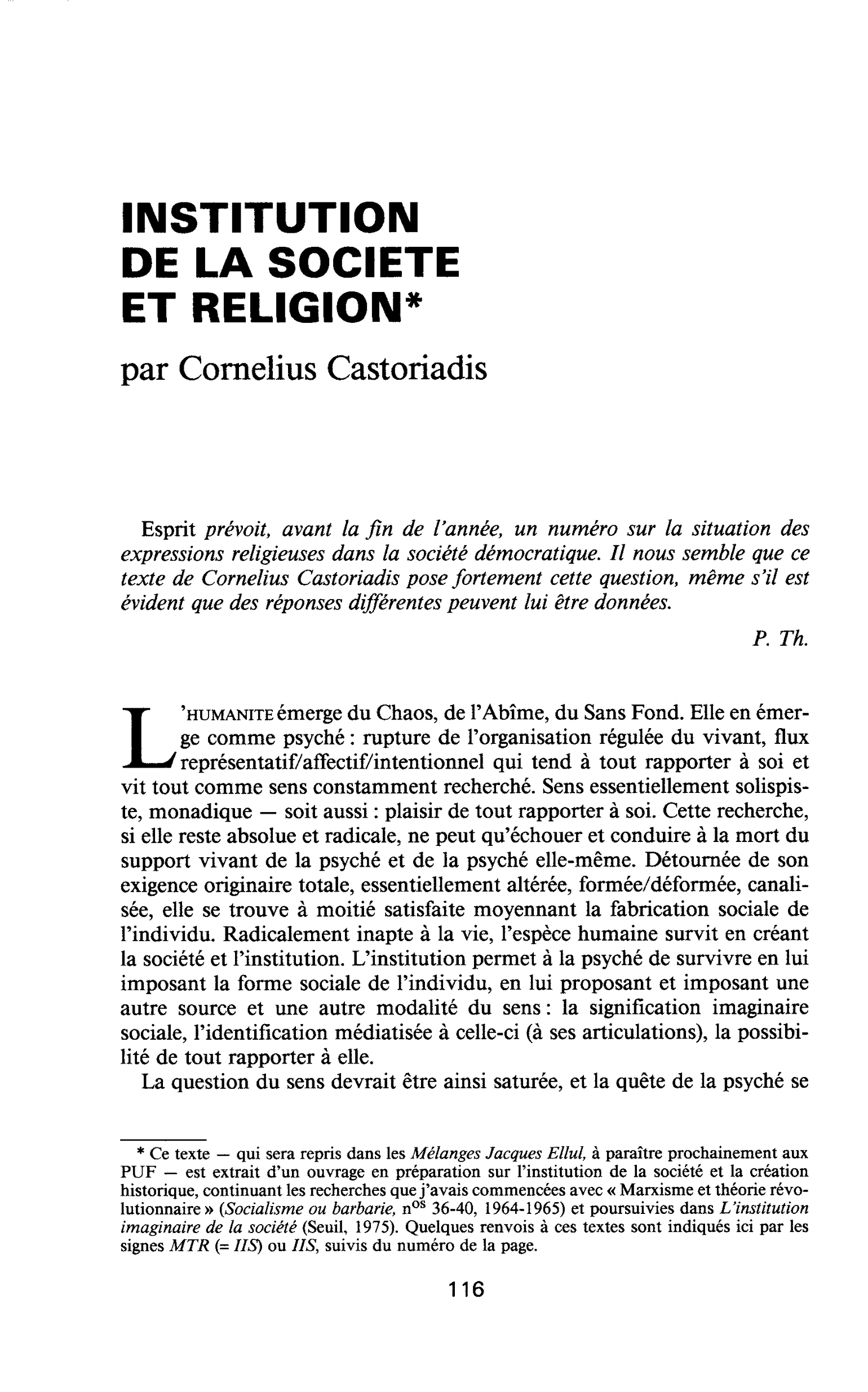INSTITUTION DE LA SOCIETE ET RELIGION