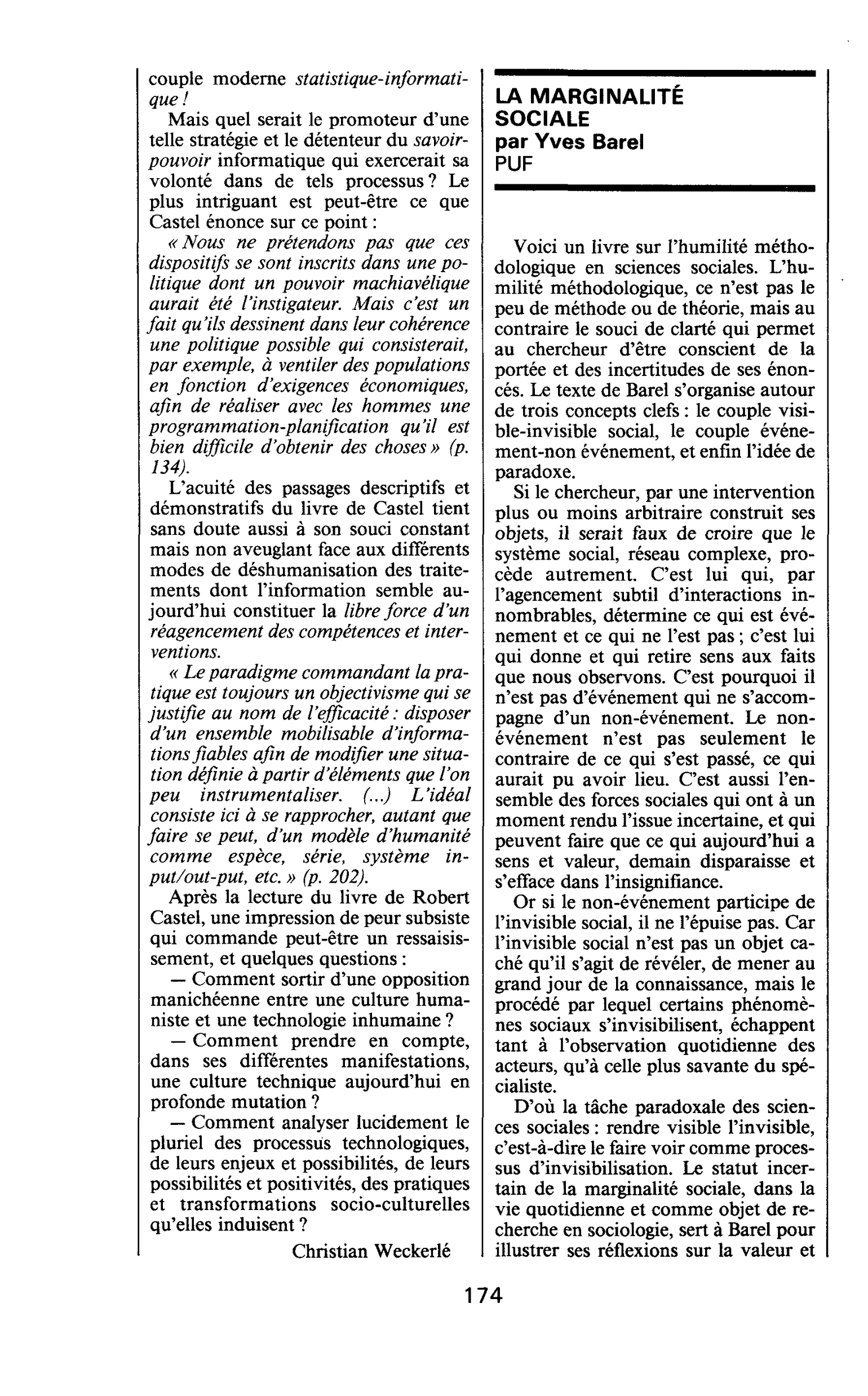LA MARGINALITE SOCIALE par Yves Barel
