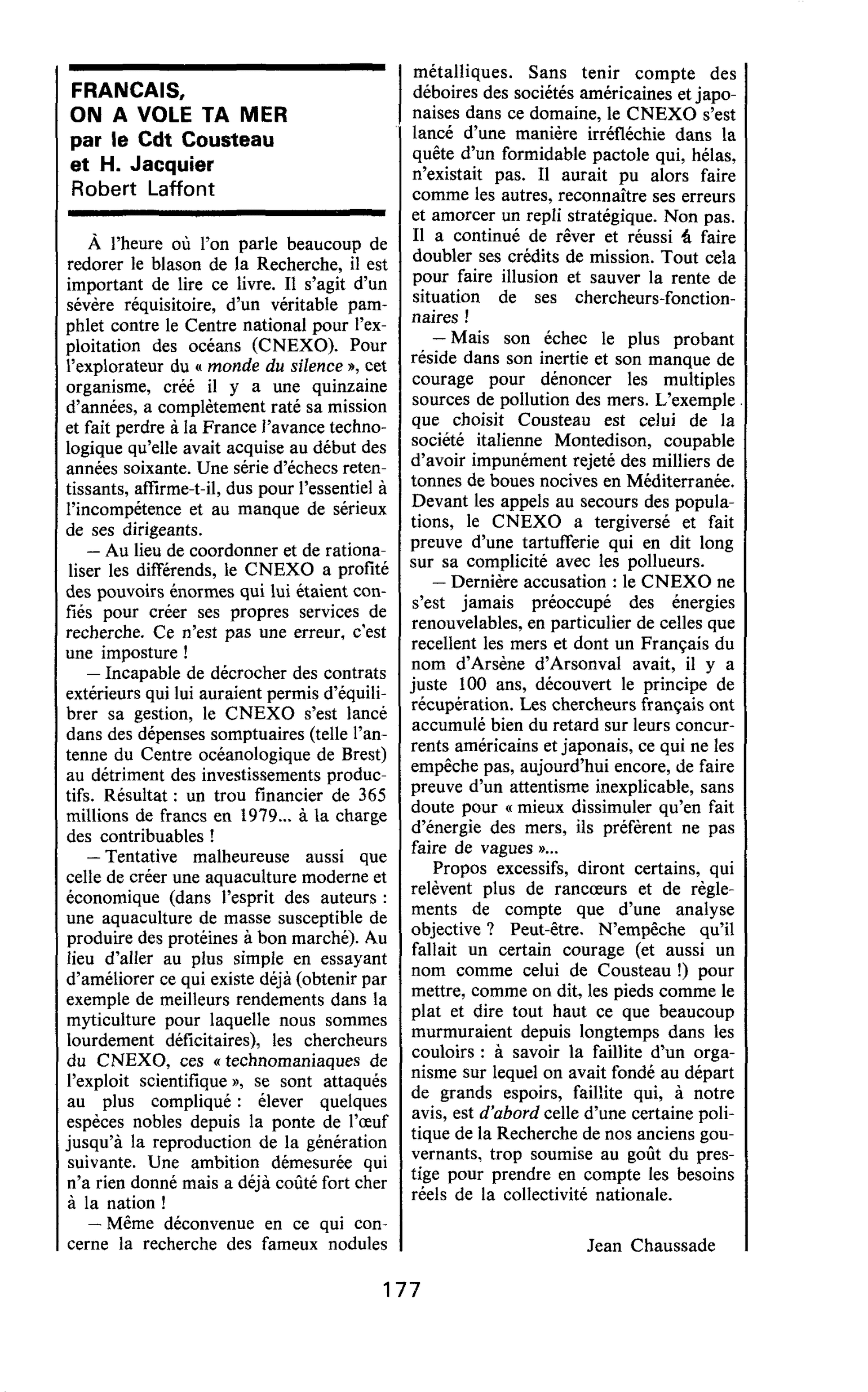 FRANÇAIS, ON A VOLE TA MER par le Cdt Cousteau et H. Jacquier