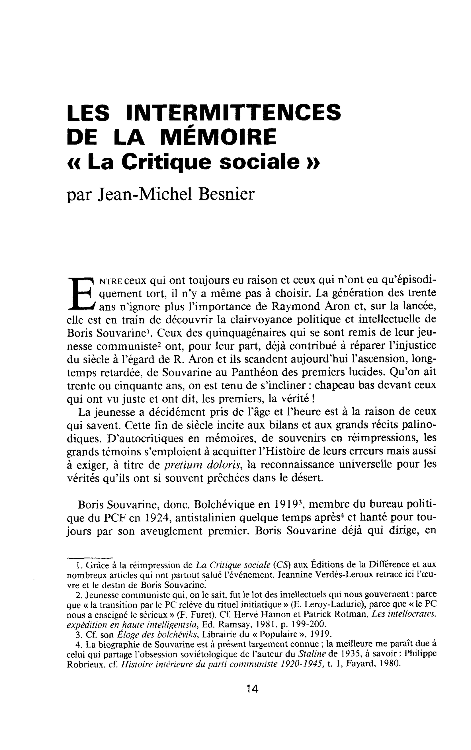 LES INTERMITTENCES DE LA MÉMOIRE. « La Critique sociale »