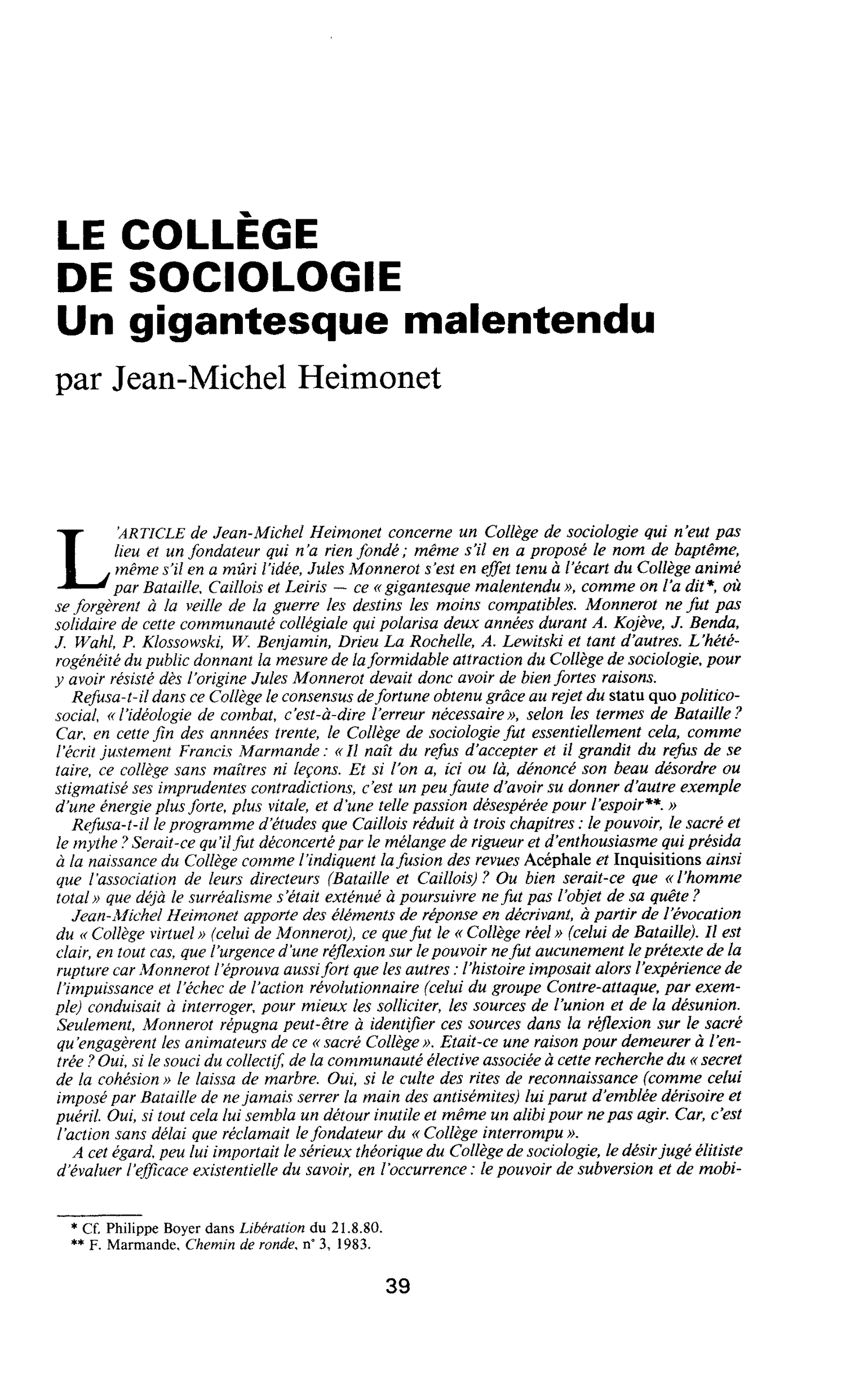 LE COLLÈGE DE SOCIOLOGIE. Un gigantesque malentendu
