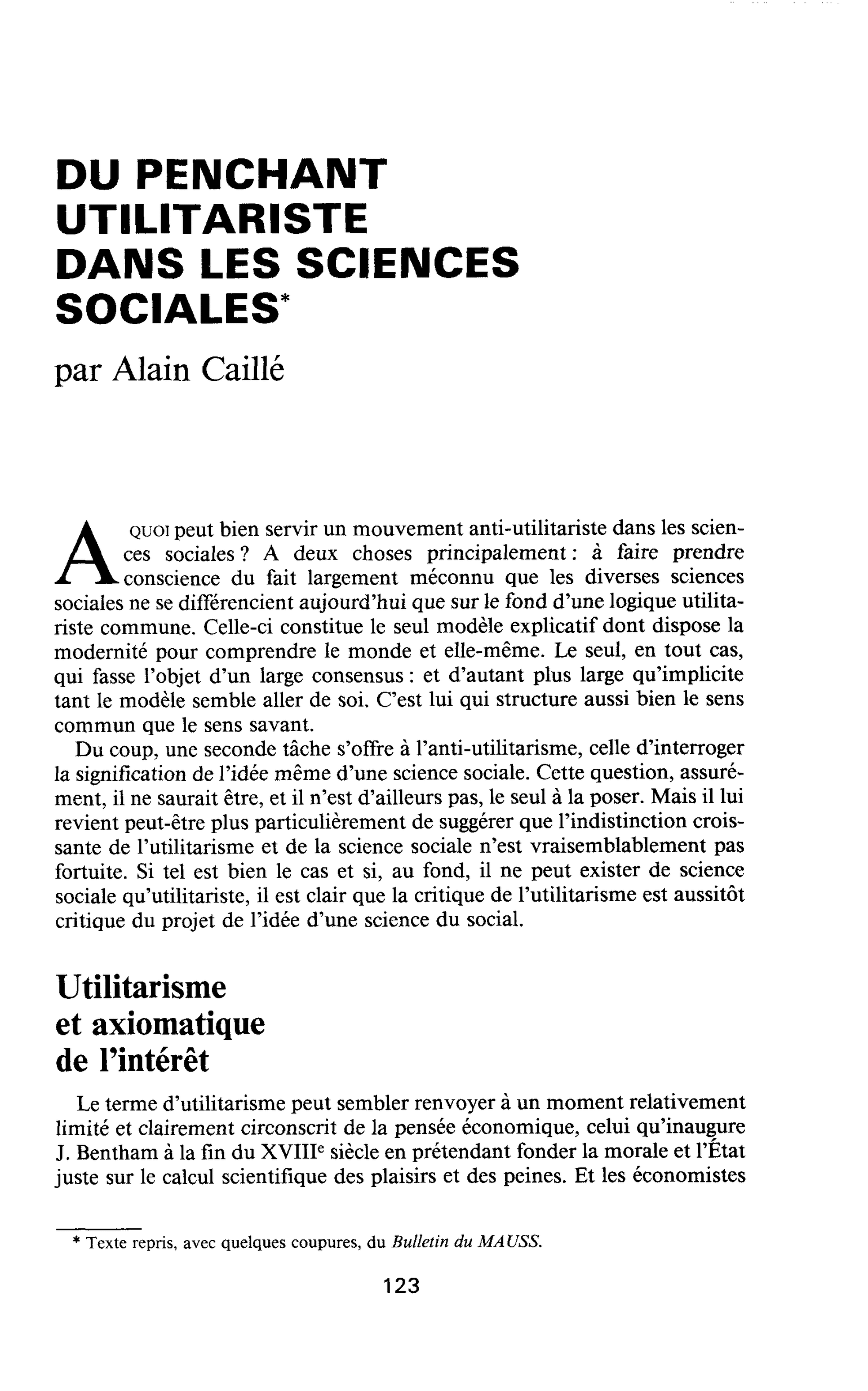 DU PENCHANT UTILITARISTE DANS LES SCIENCES SOCIALES