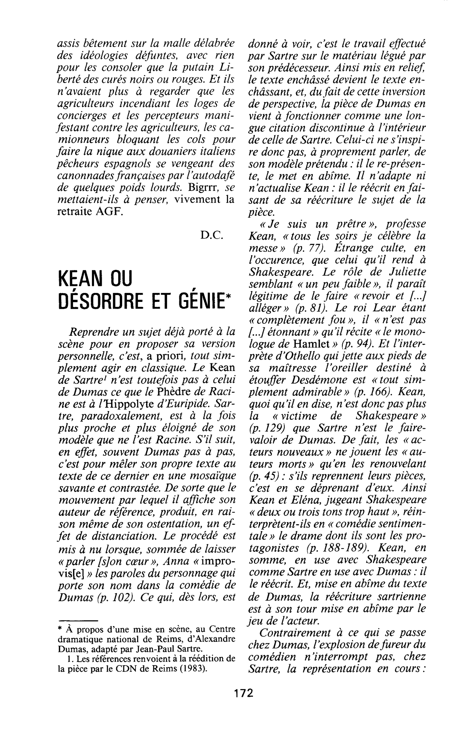 KEAN OU DÉSORDRE ET GÉNIE