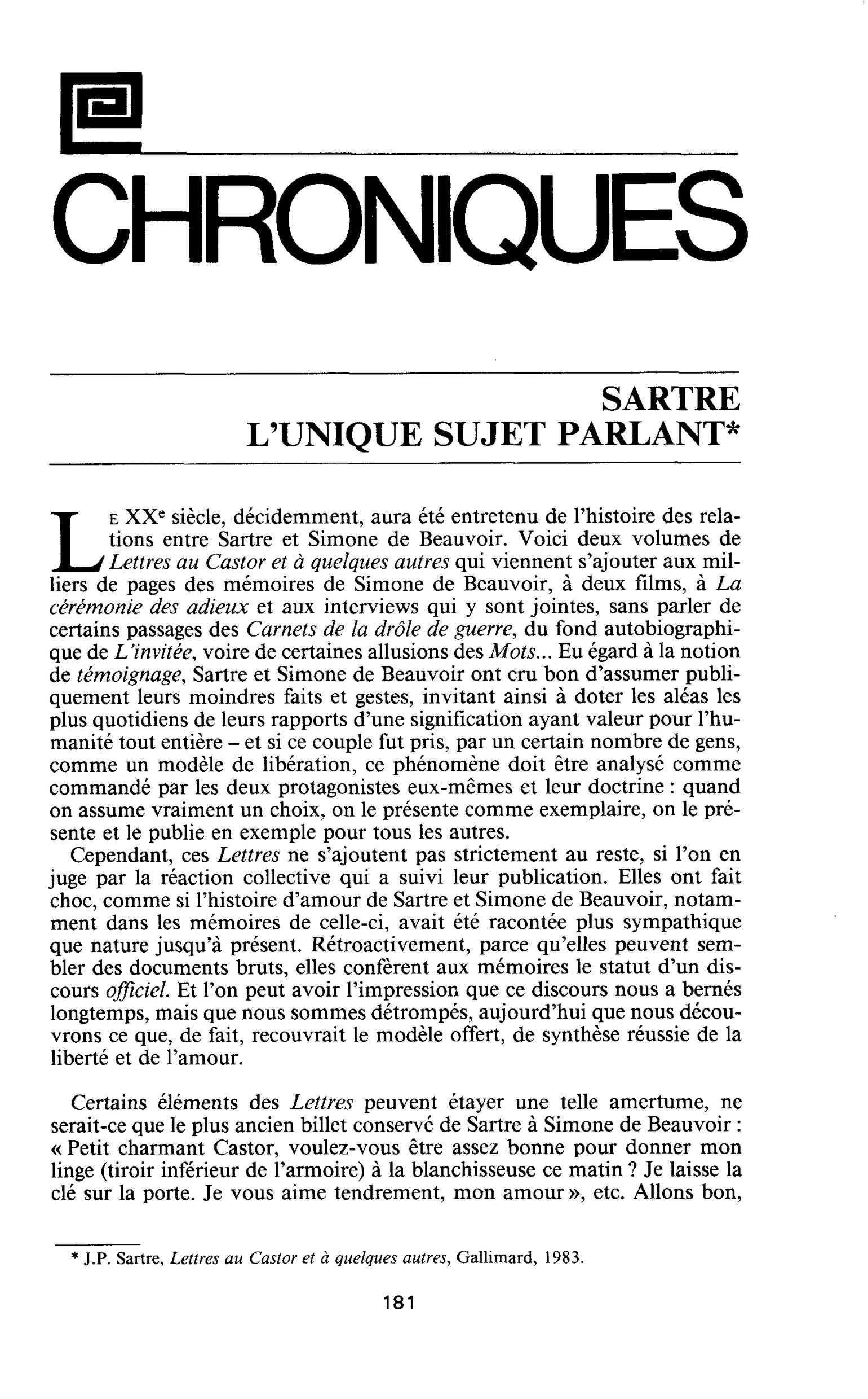 SARTRE L’UNIQUE SUJET PARLANT