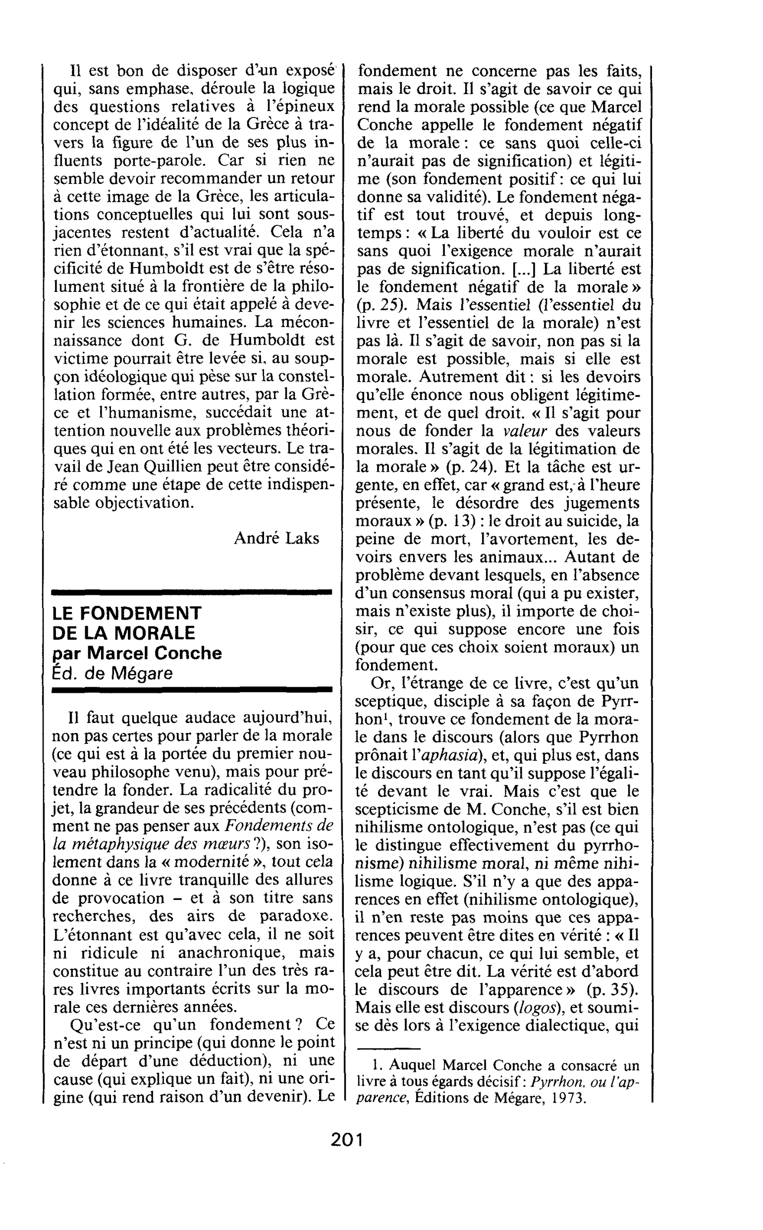 LE FONDEMENT DE LA MORALE par Marcel Conche