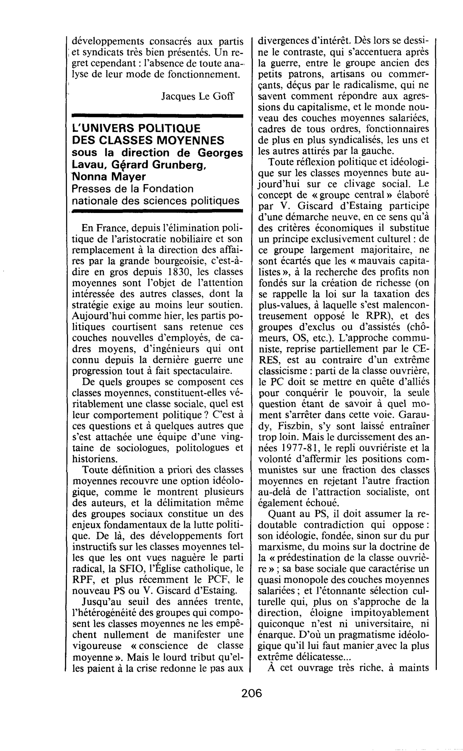 L’UNIVERS POLITIQUE DES CLASSES MOYENNES sous la direction de Georges Lavau, Gérard Grunberg, Nonna Mayer