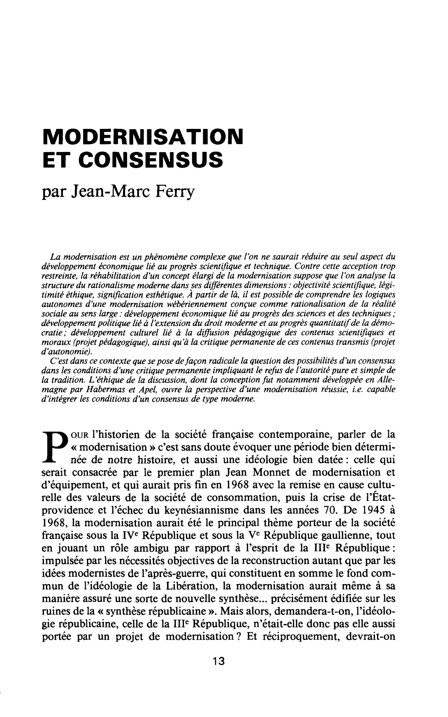 MODERNISATION ET CONSENSUS