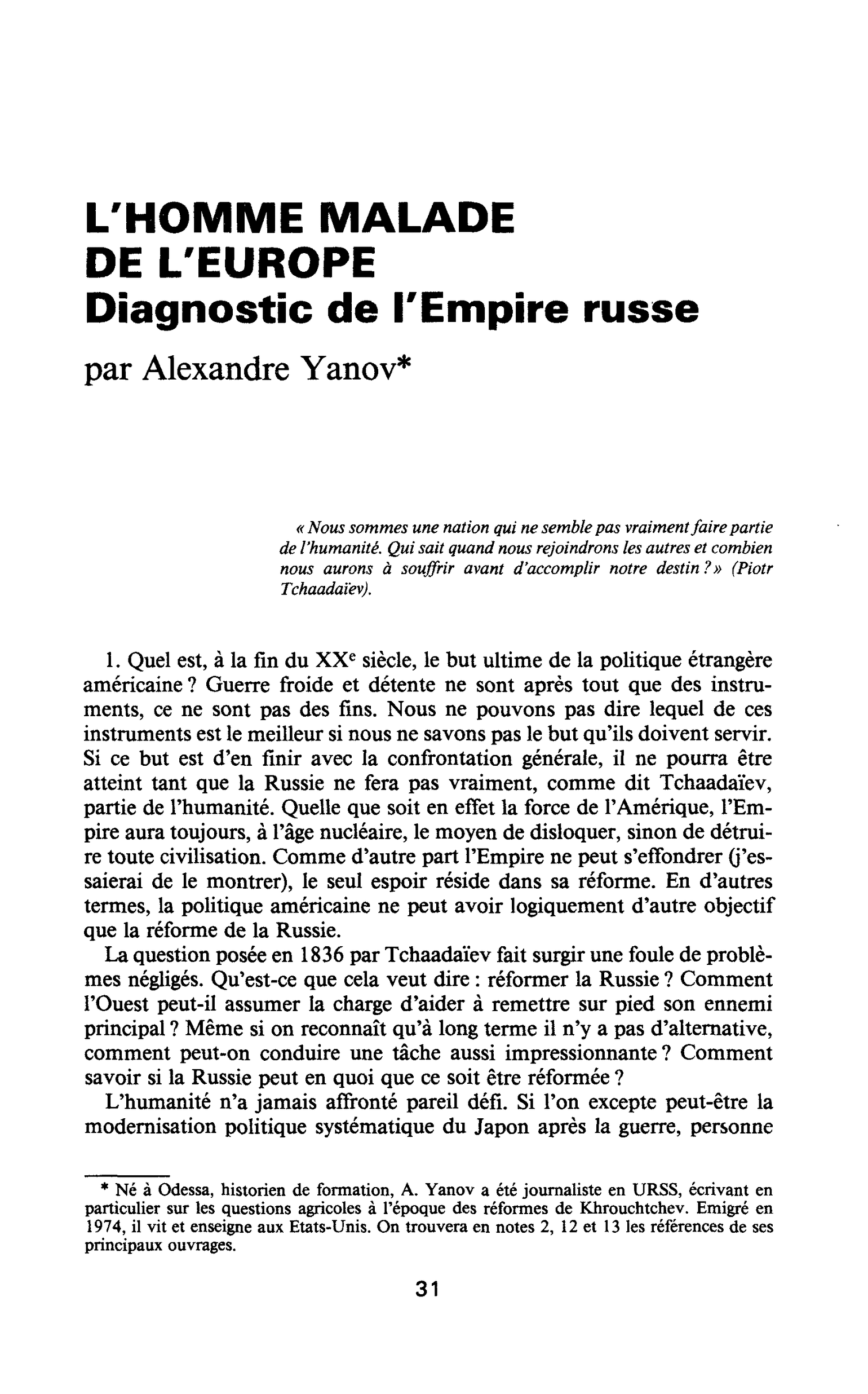 L’HOMME MALADE DE L’EUROPE. Diagnostic de l’Empire russe