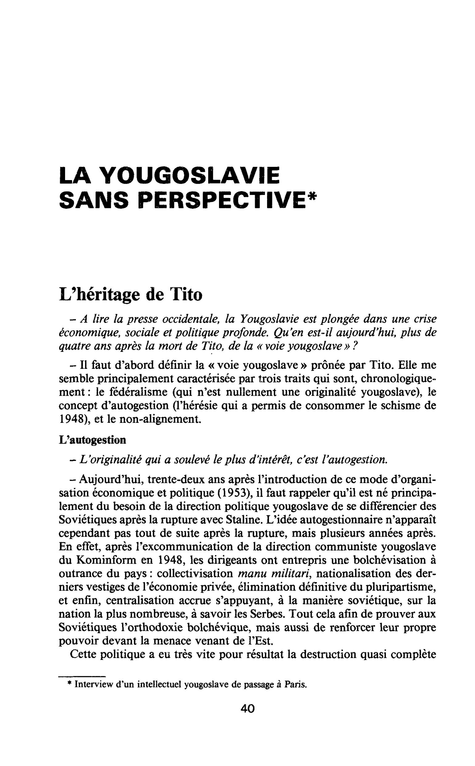 LA YOUGOSLAVIE SANS PERSPECTIVE