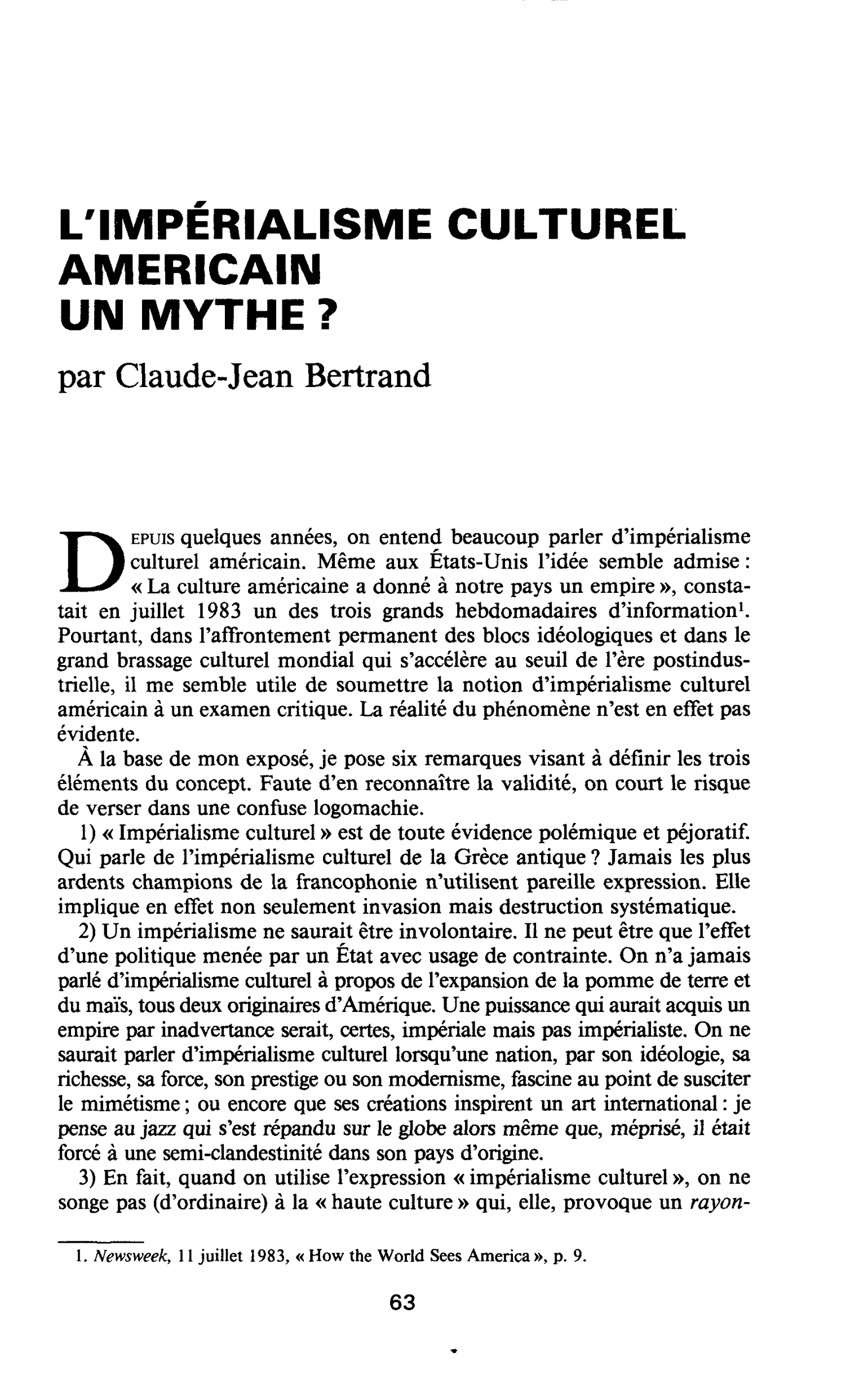 L’IMPÉRIALISME CULTUREL AMERICAIN UN MYTHE ?