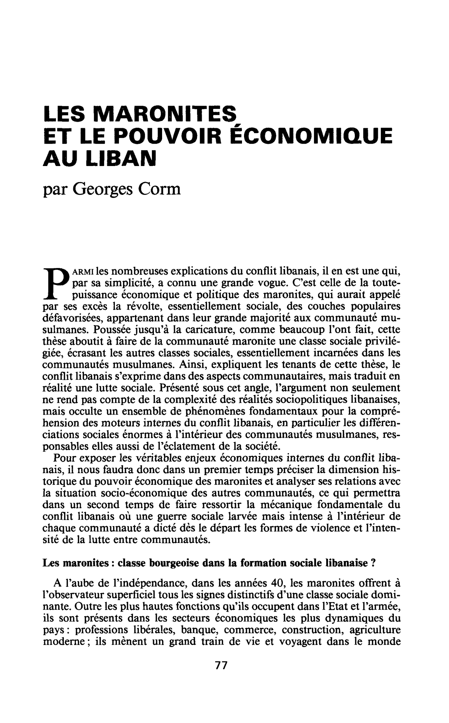 LES MARONITES ET LE POUVOIR ÉCONOMIQUE AU LIBAN