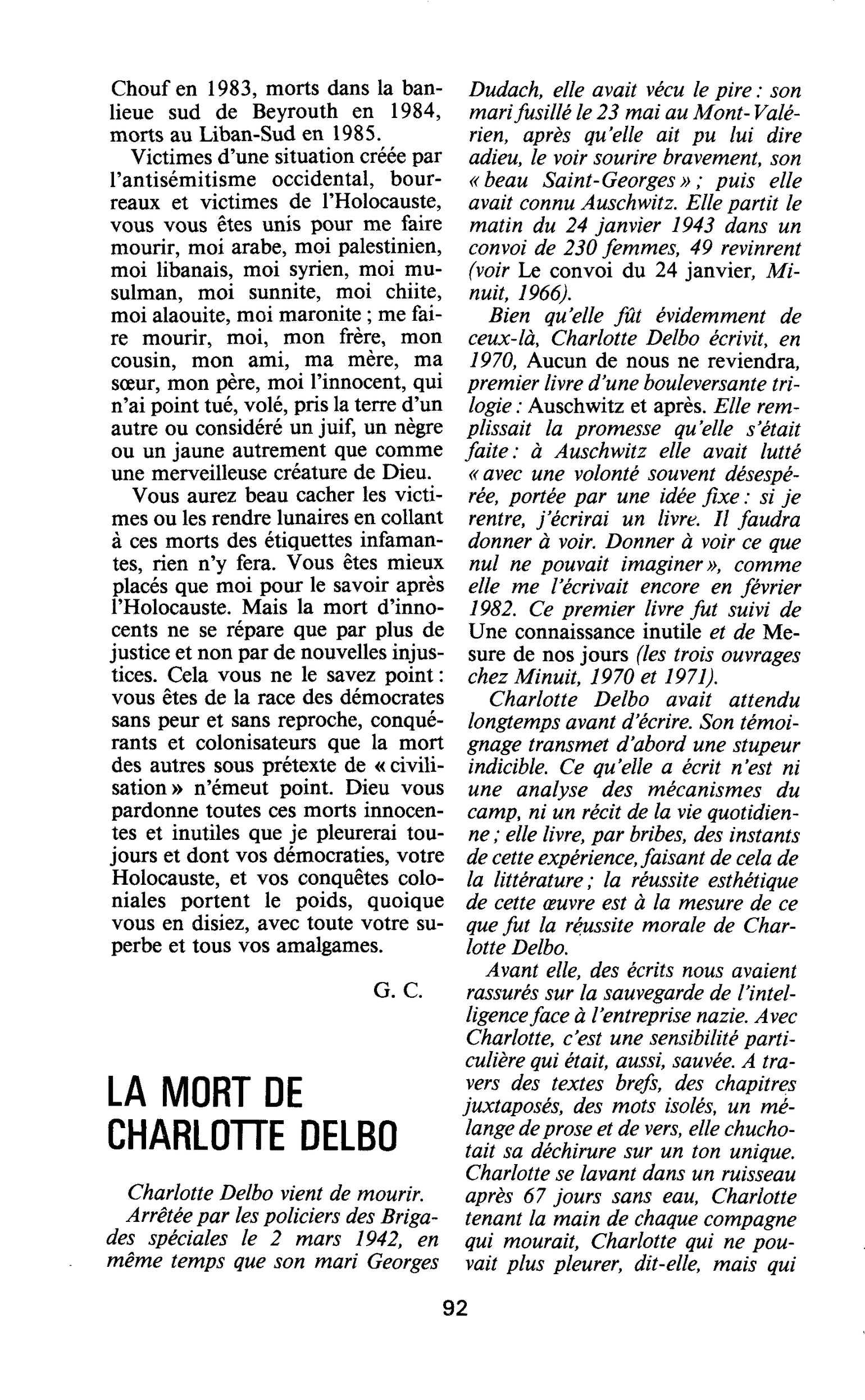 LA MORT DE CHARLOTTE DELBO