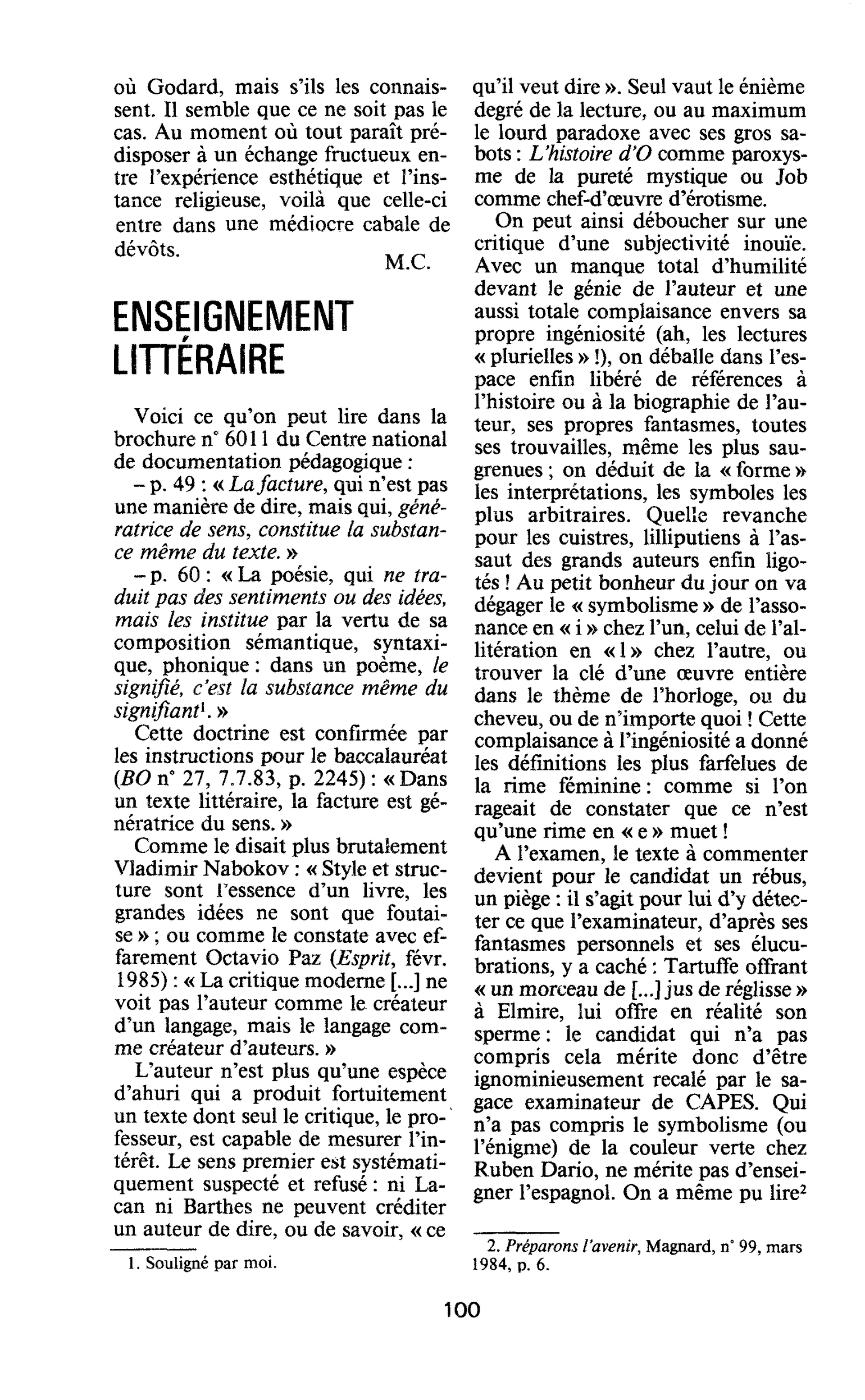 ENSEIGNEMENT LITTÉRAIRE