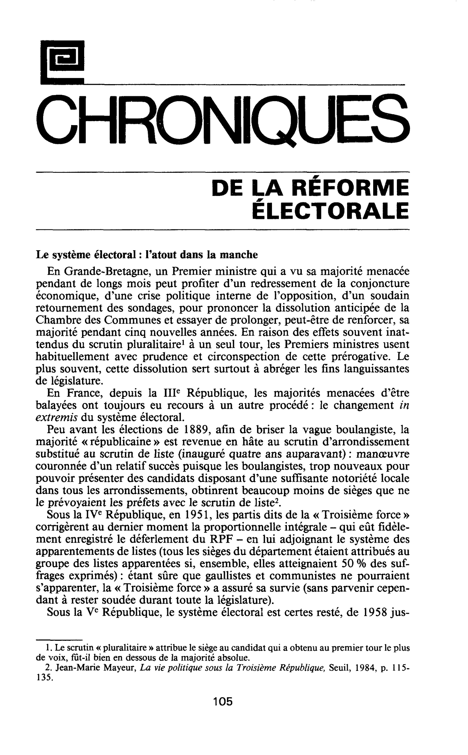 DE LA RÉFORME ÉLECTORALE