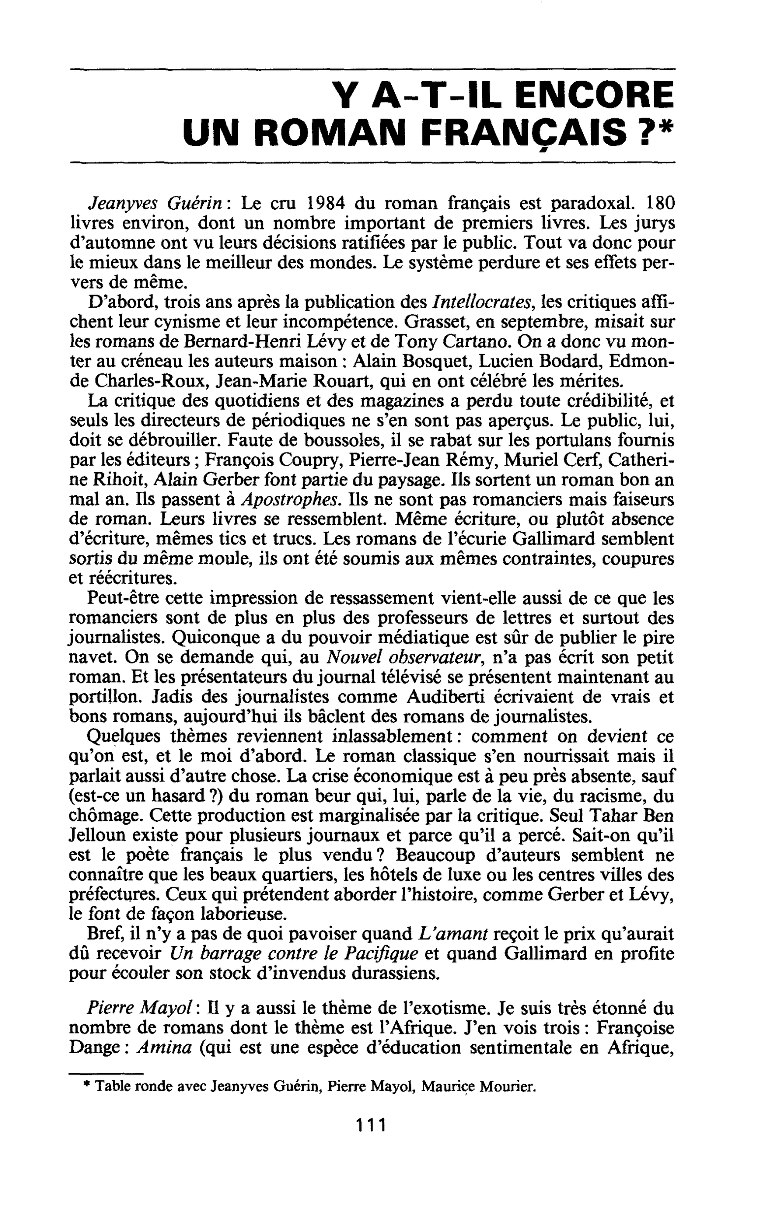 Y A-T-IL ENCORE UN ROMAN FRANÇAIS ?