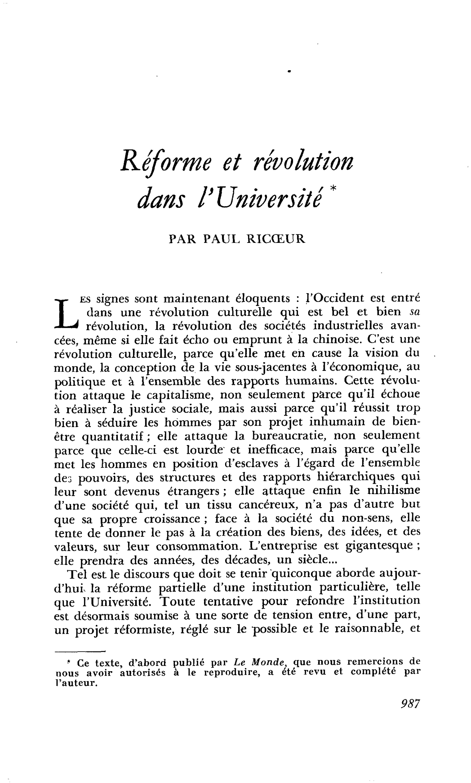 Réforme et révolution dans l’Université