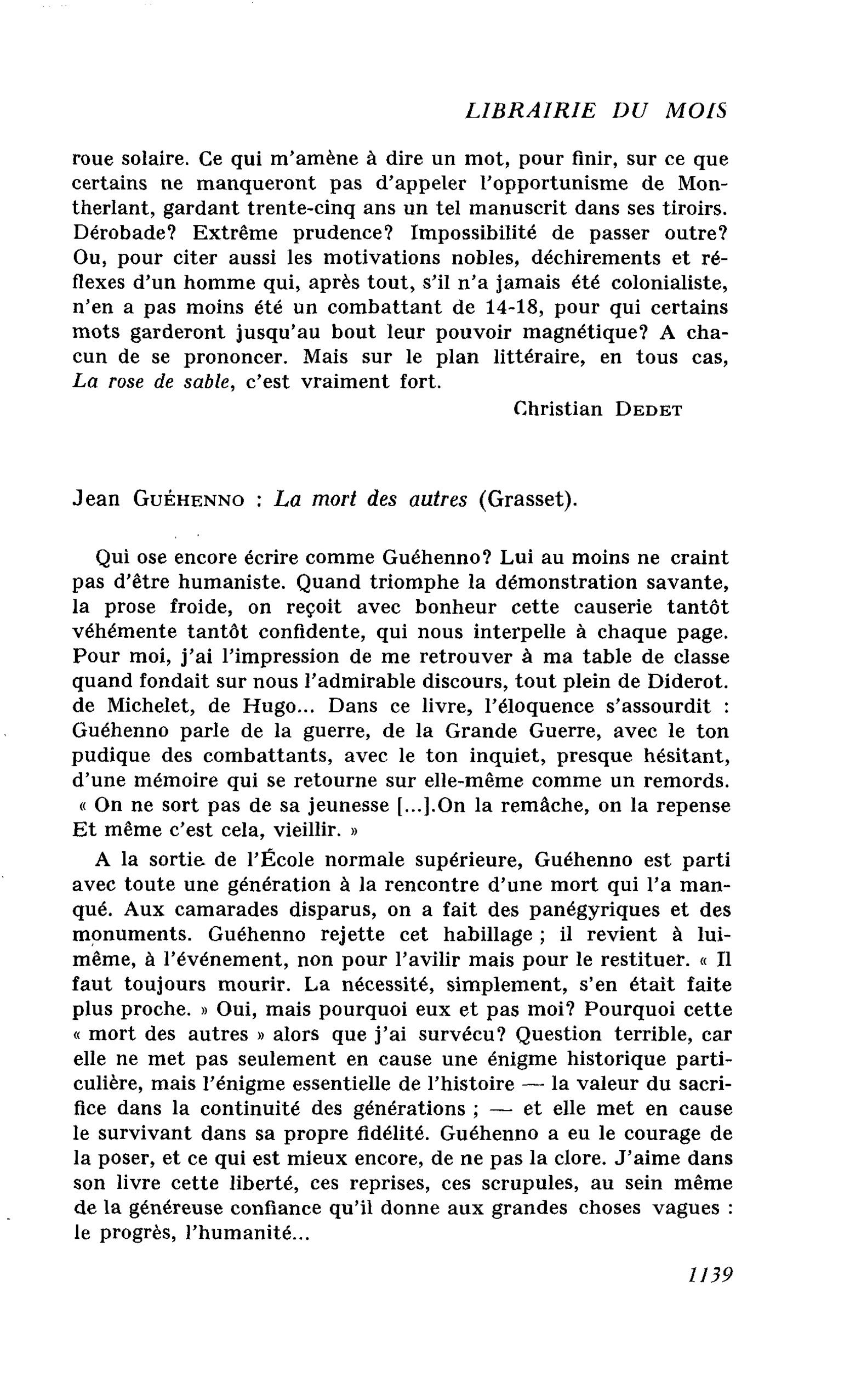 Jean Guéhenno : La mort des autres