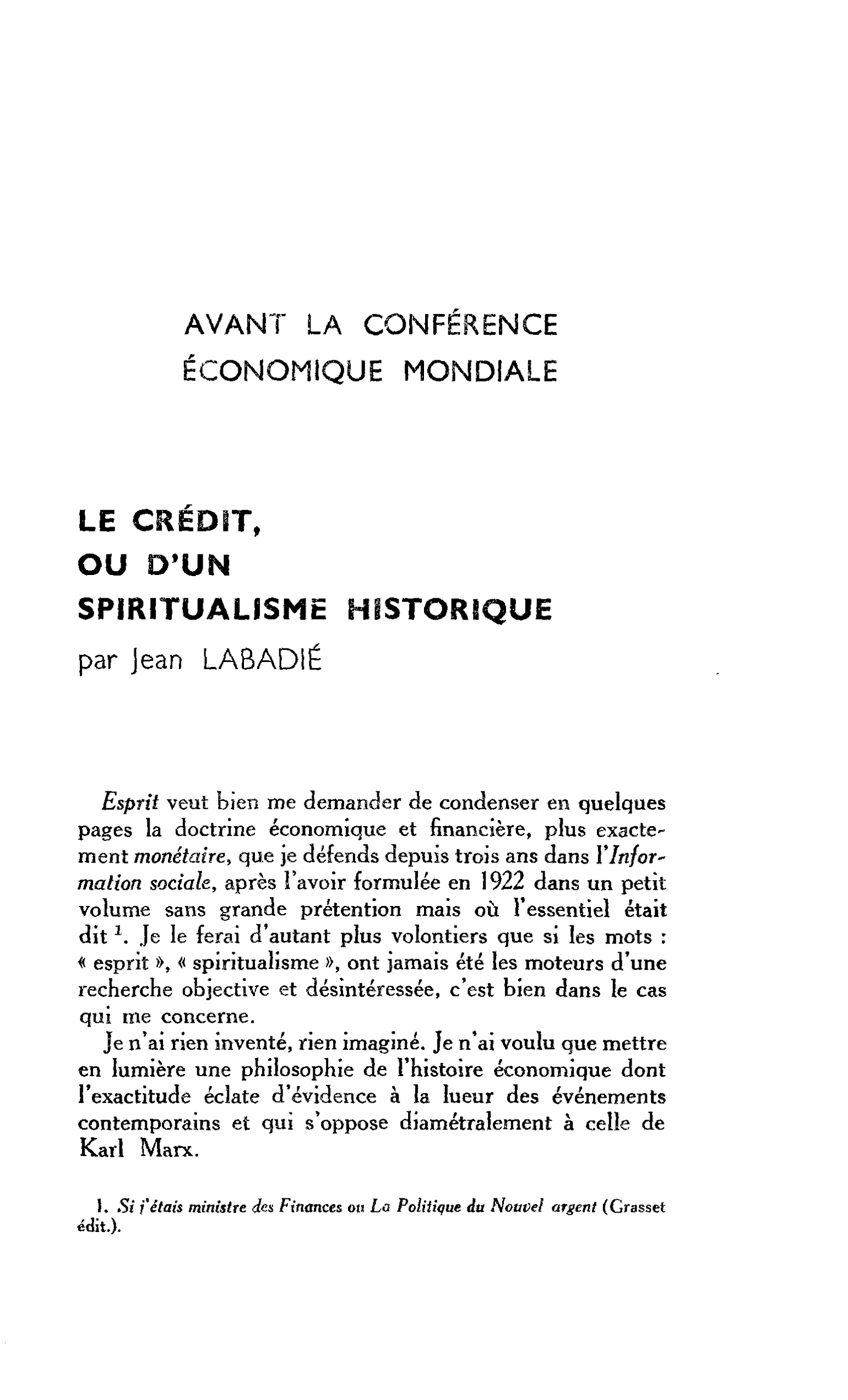 LE CRÉDIT, OU D’UN SPIRITUALISME HISTORIQUE