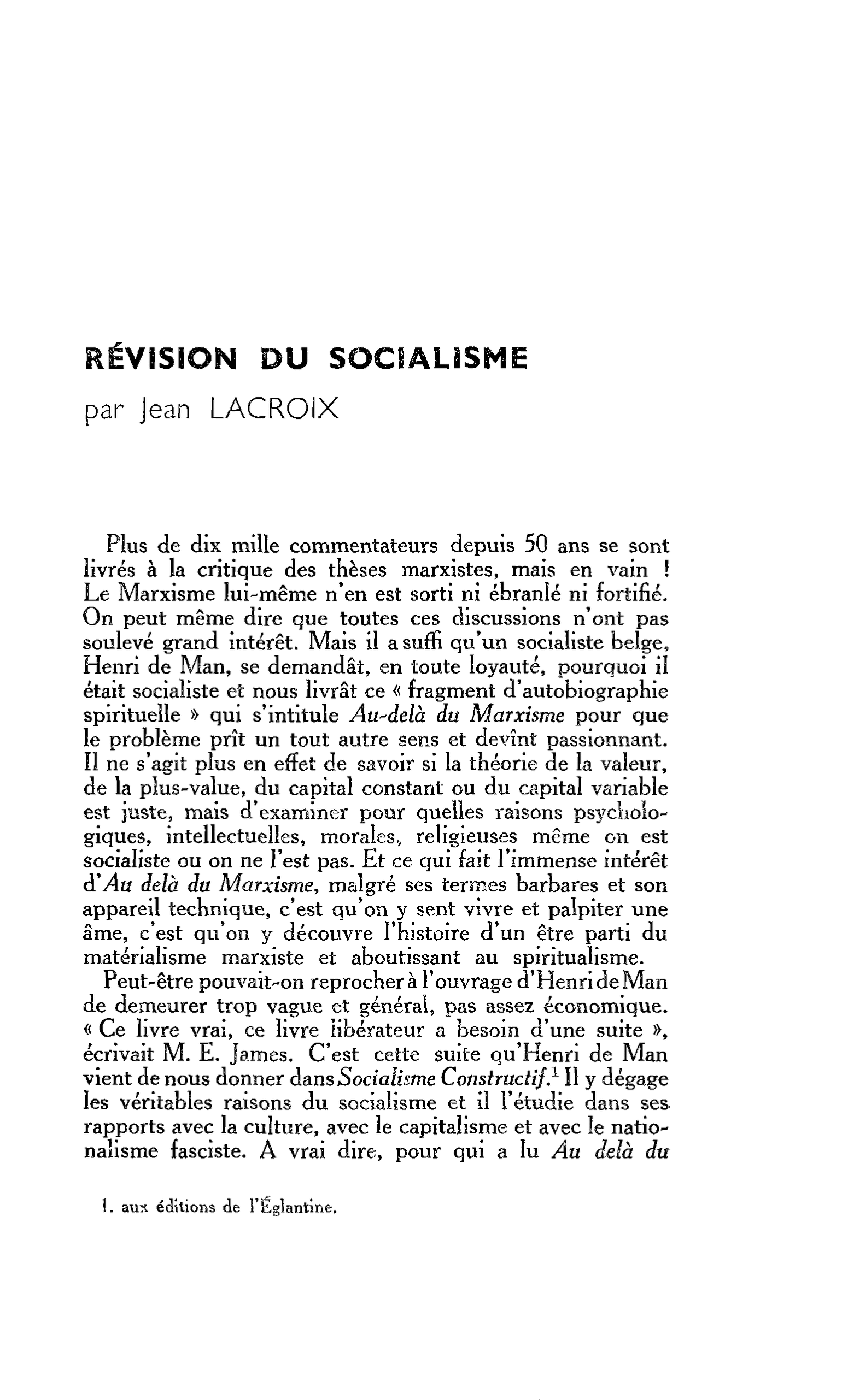 Chronique de la Cité. Situation du socialisme: révision du socialisme