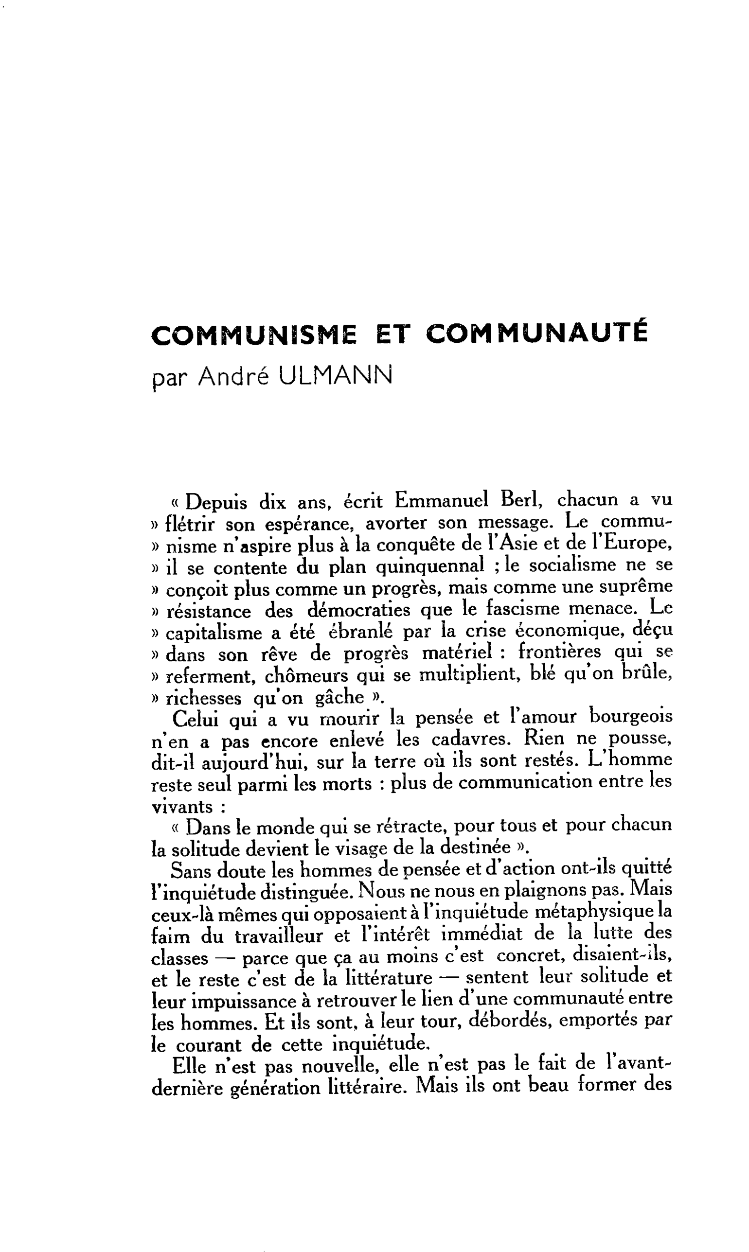 Chronique de la Cité. SITUATION DU SOCIALISME : COMMUNISME ET COMMUNAUTÉ