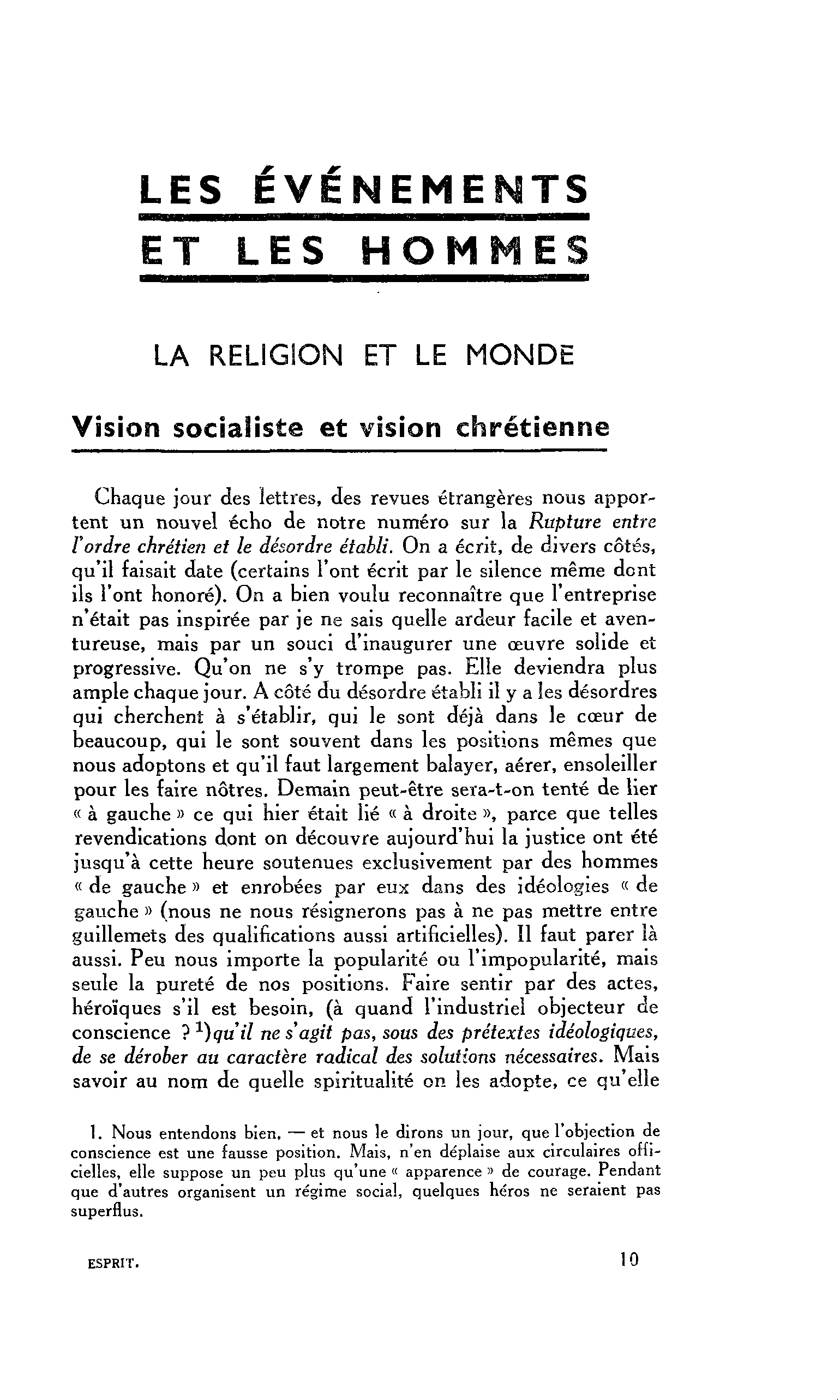 LA RELIGION ET LE MONDE. Vision socialiste et vision chrétienne