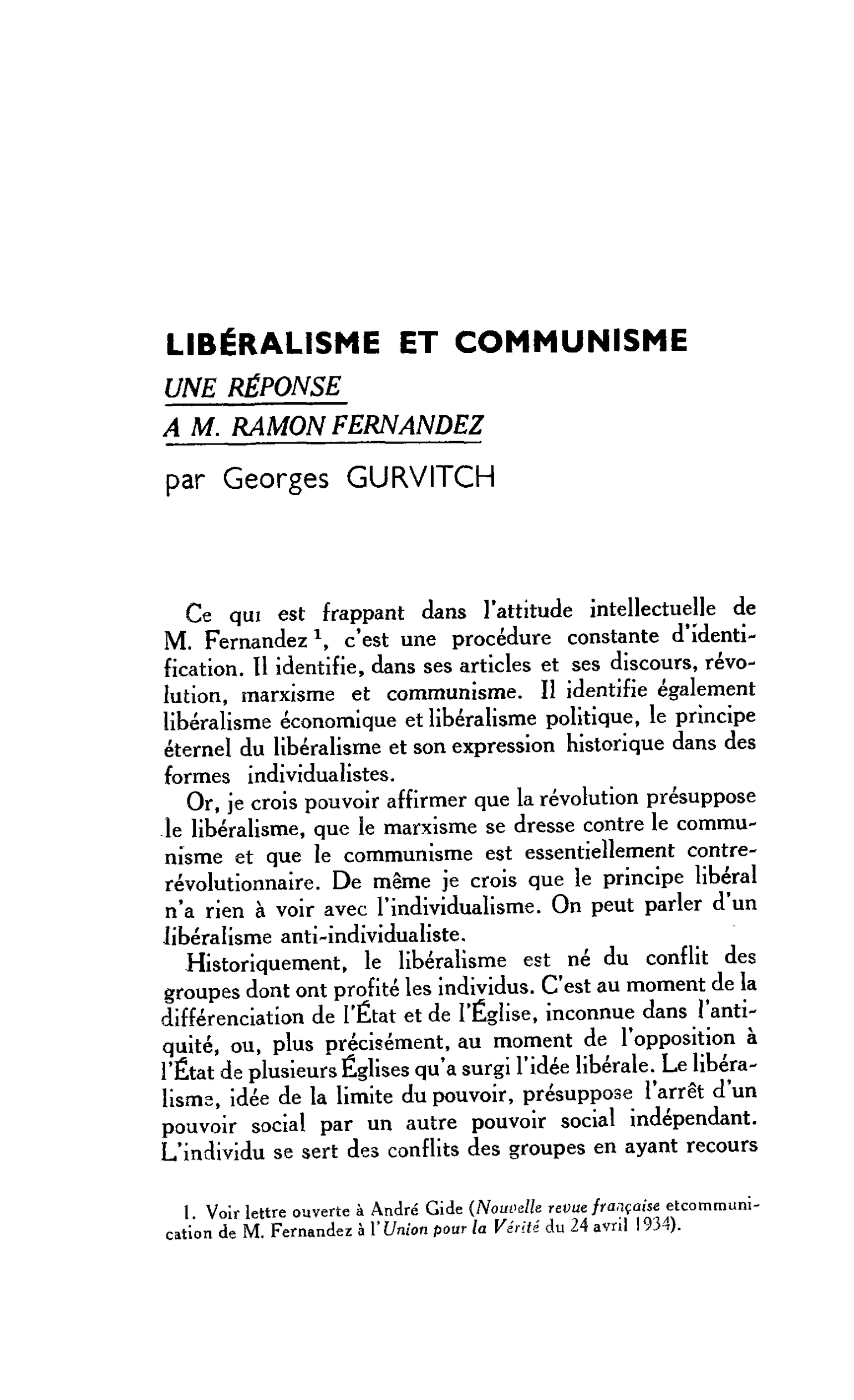 LIBÉRALISME ET COMMUNISME UNE RÉPONSE A M. RAMON FERNANDEZ