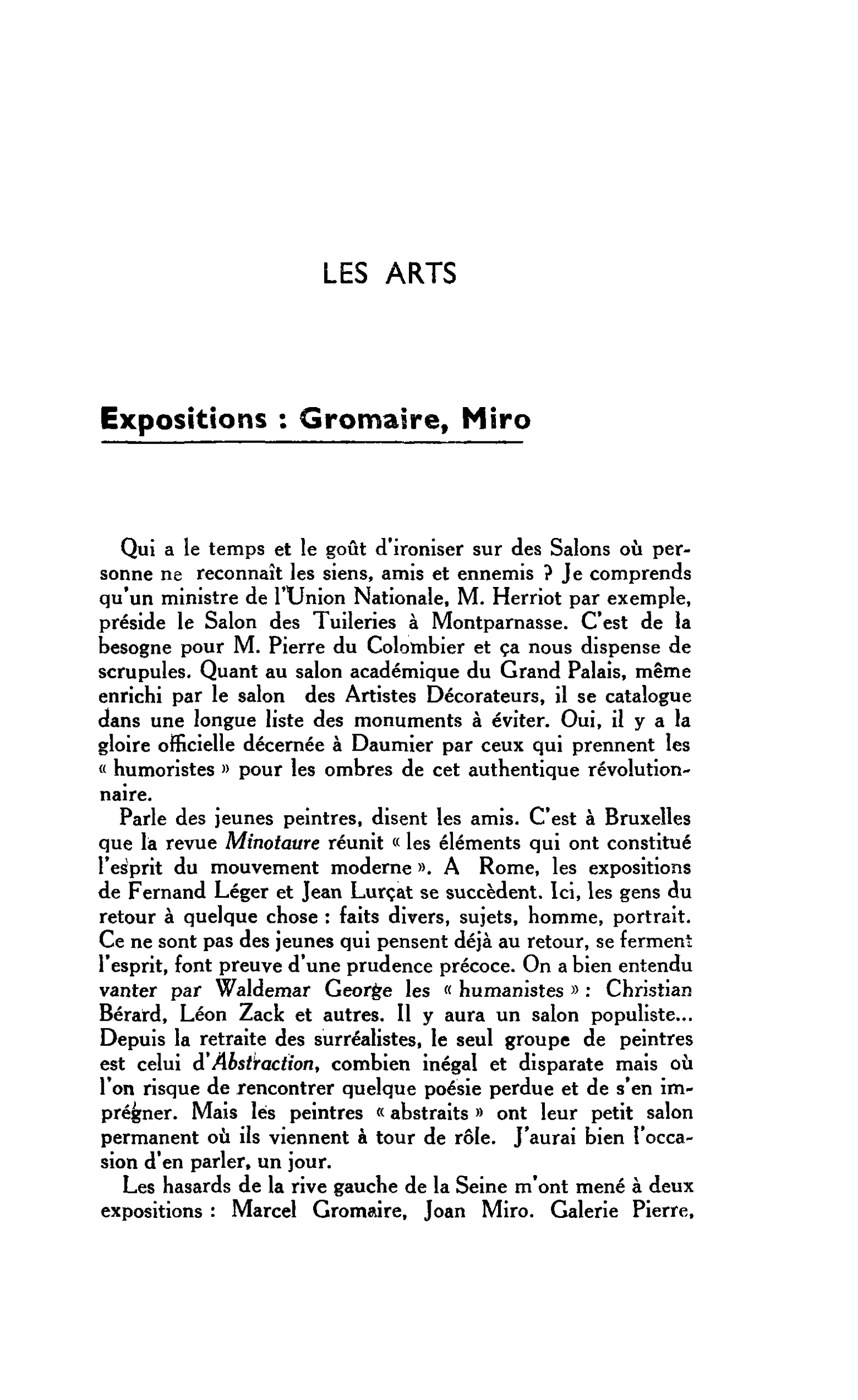 LES ARTS. Expositions : Gromaire, Miro