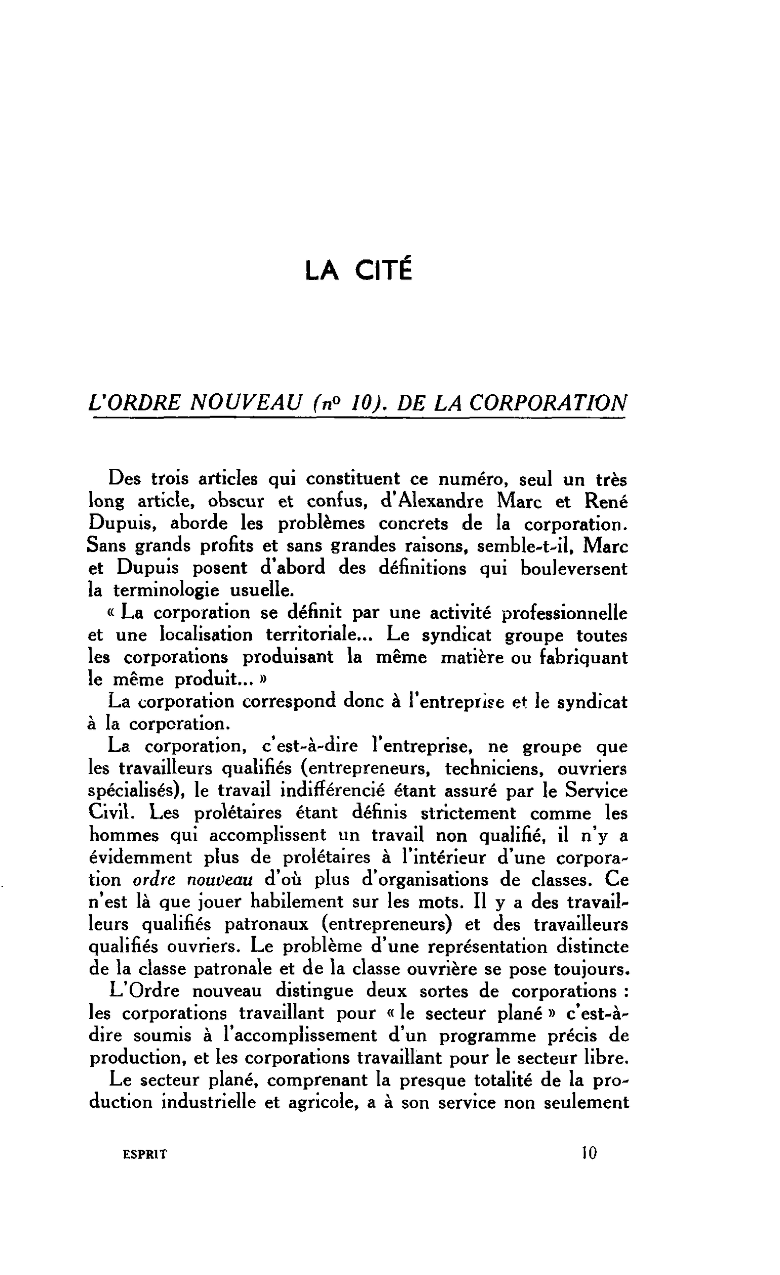 LA CITÉ : L’ORDRE NOUVEAU (n°10). DE LA CORPORATION