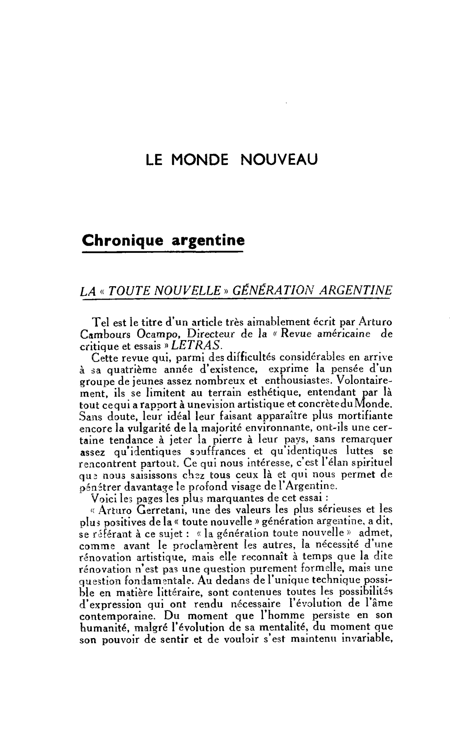 LE MONDE NOUVEAU. Chronique argentine