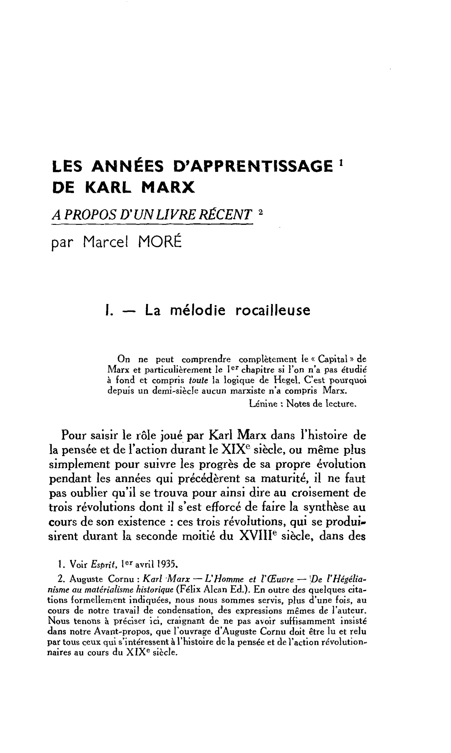 LES ANNÉES D’APPRENTISSAGE  DE KARL MARX A PROPOS D’UN LIVRE RÉCENT