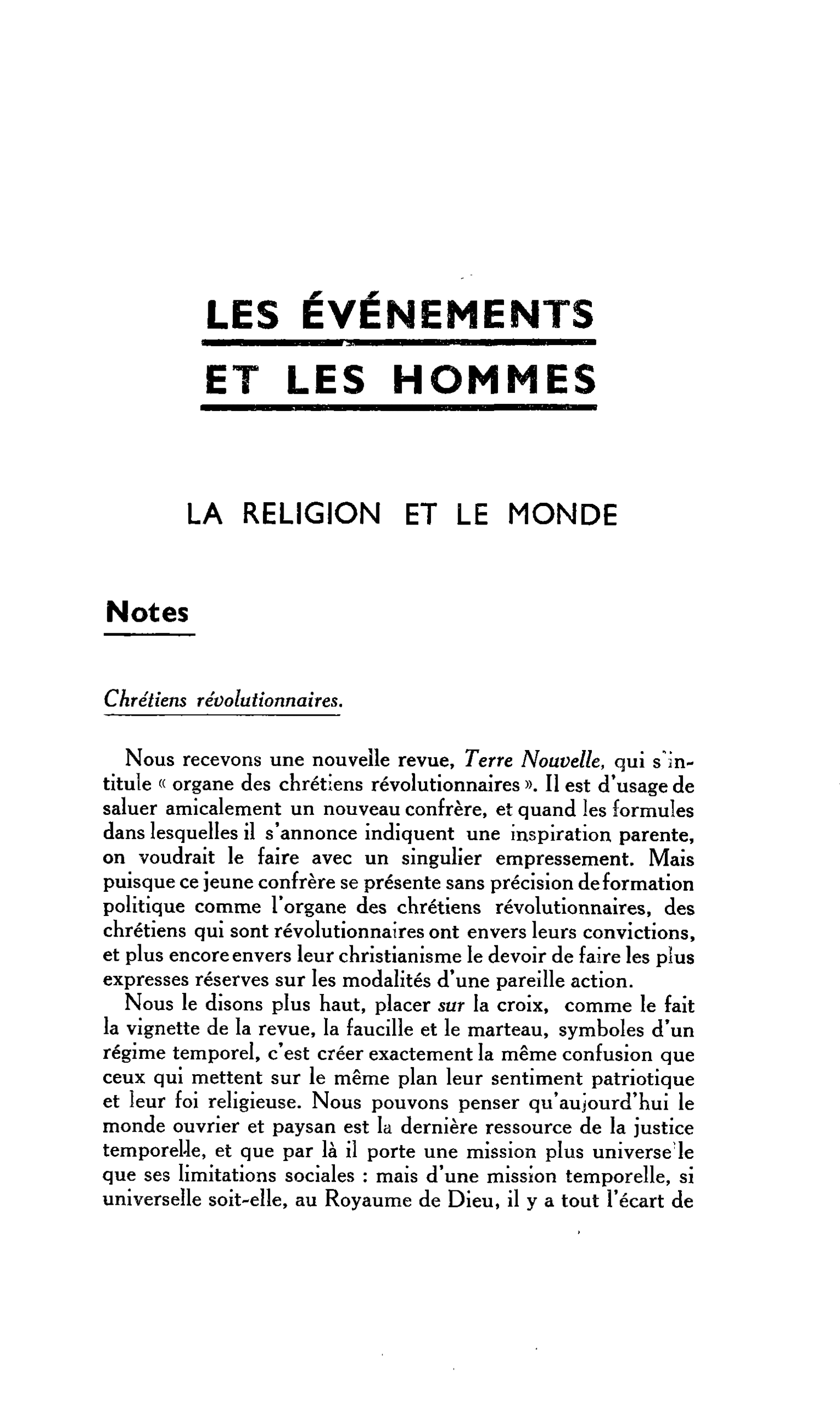 LA RELIGION ET LE MONDE. Notes