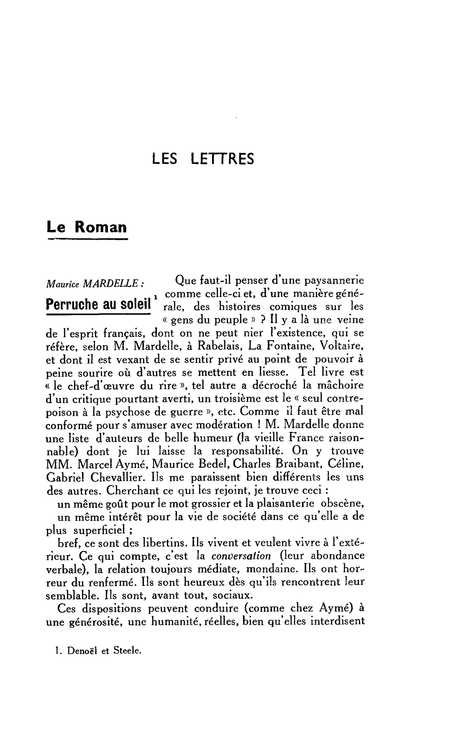 LES LETTRES Le Roman Maurice MARDELLE : Perruche au soleil