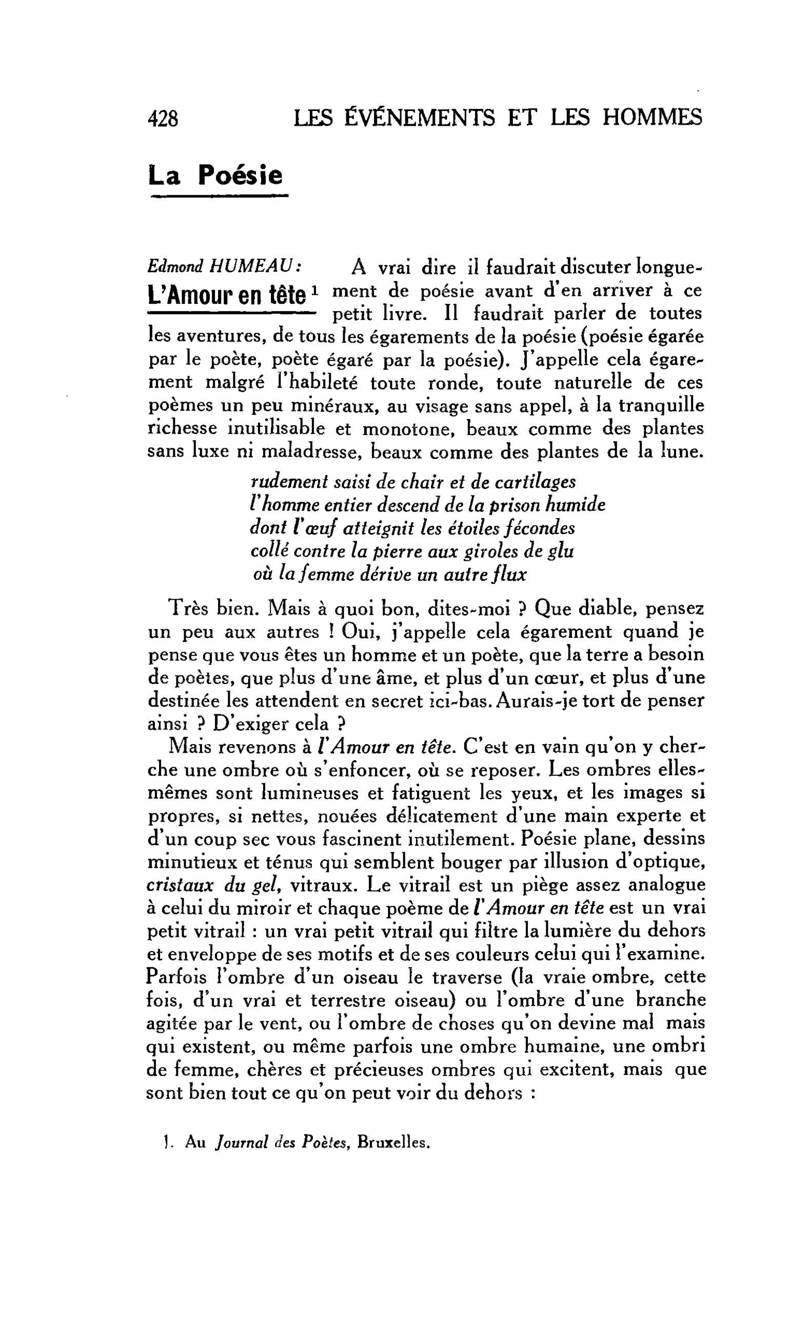 LES LETTRES : La Poésie Edmond HUMEAU: L’Amour en tête