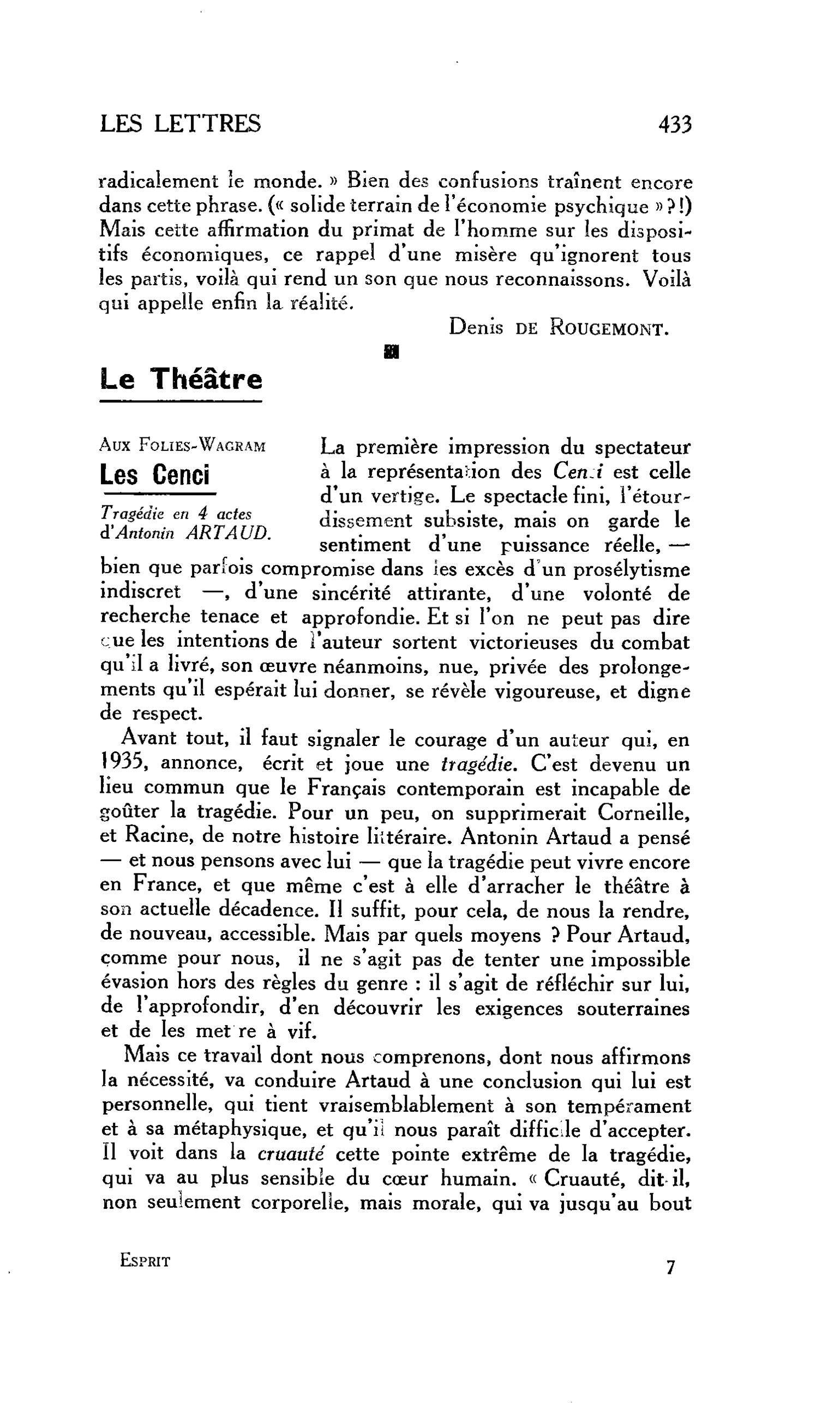 LES LETTRES : Le Théâtre Aux Folies-Wagram Les Cenci