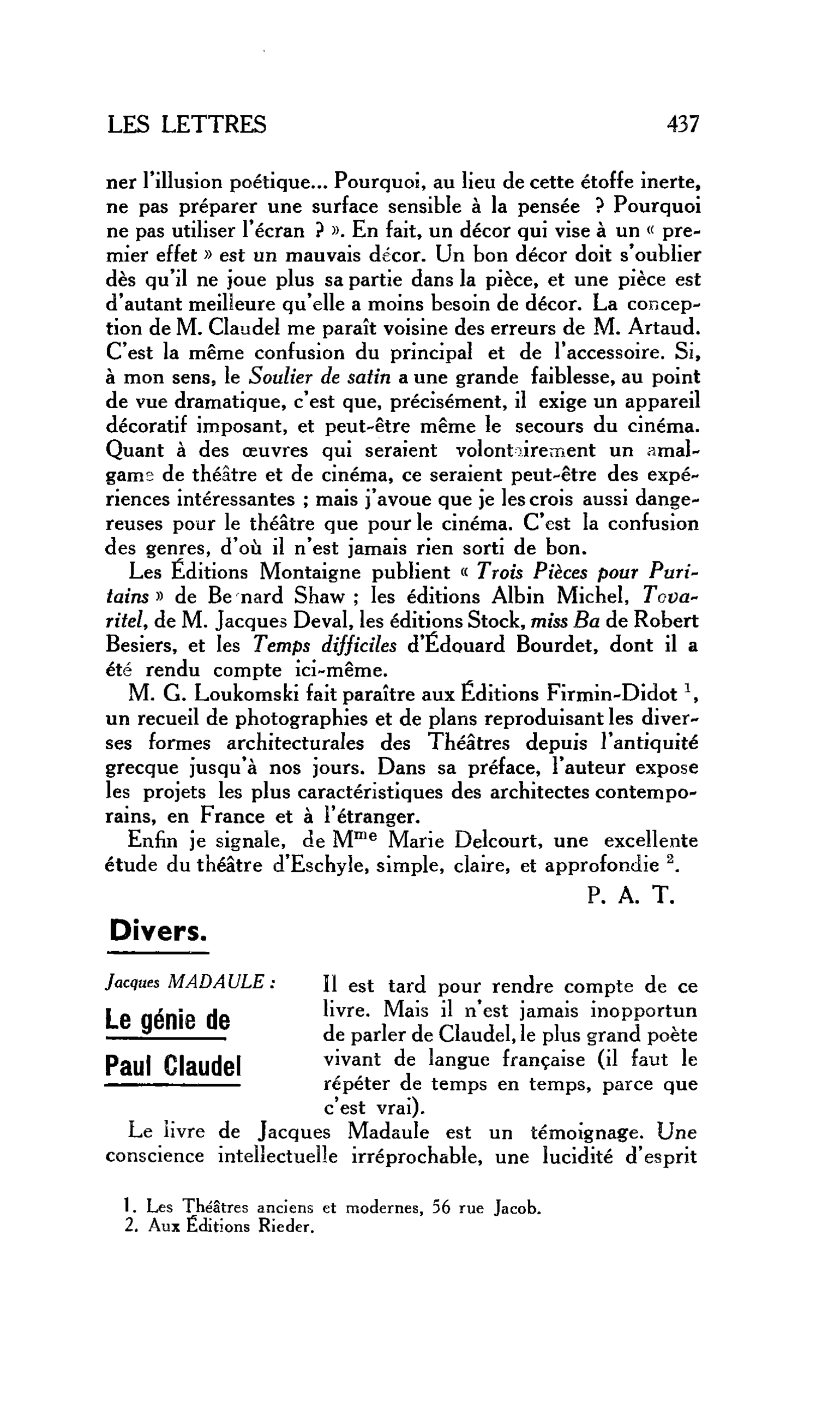 LES LETTRES : Divers. Jacques MADAULE : Le génie de Paul Claudel