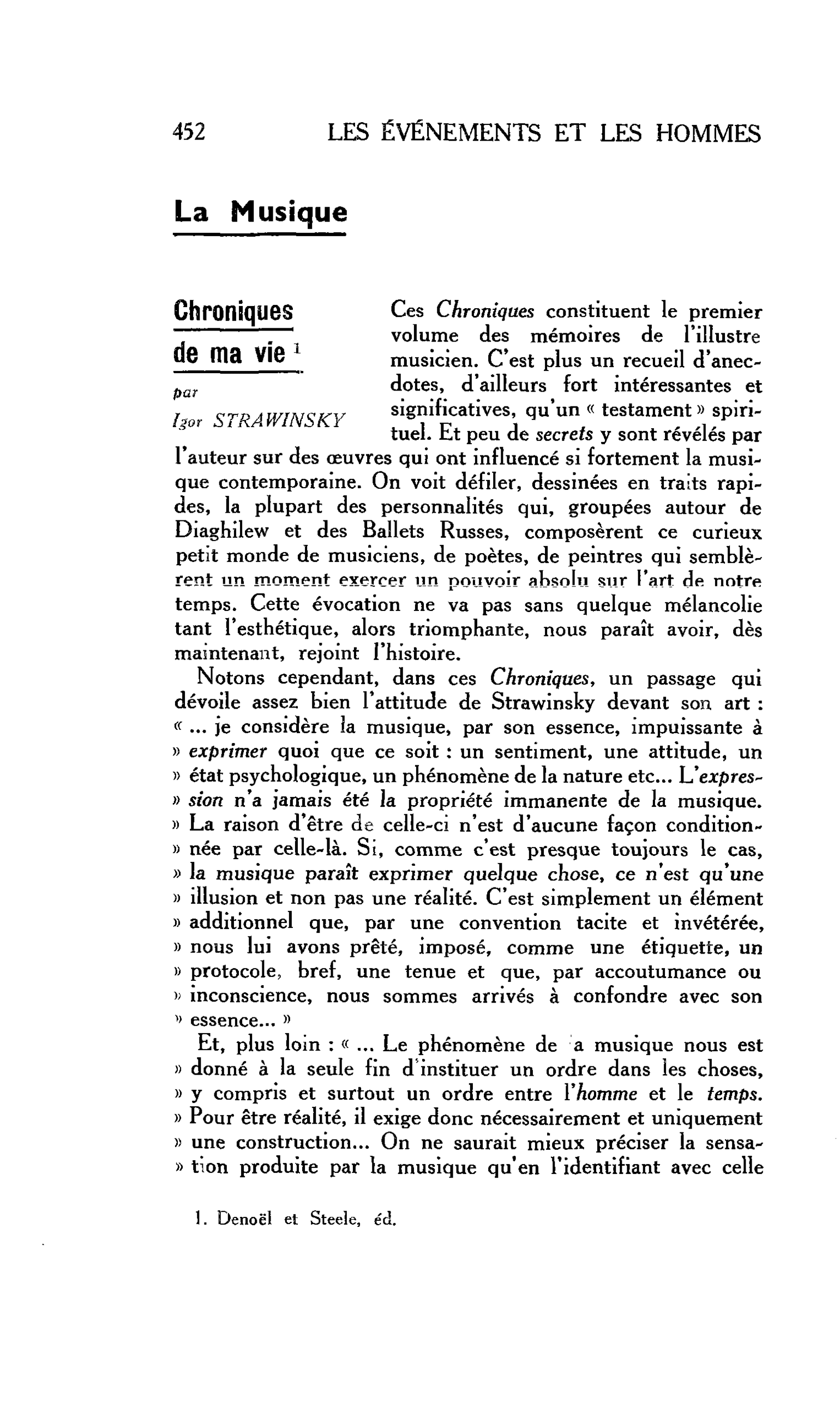 LES ARTS : La Musique Chroniques de ma vie par Igor STRAWINSKY