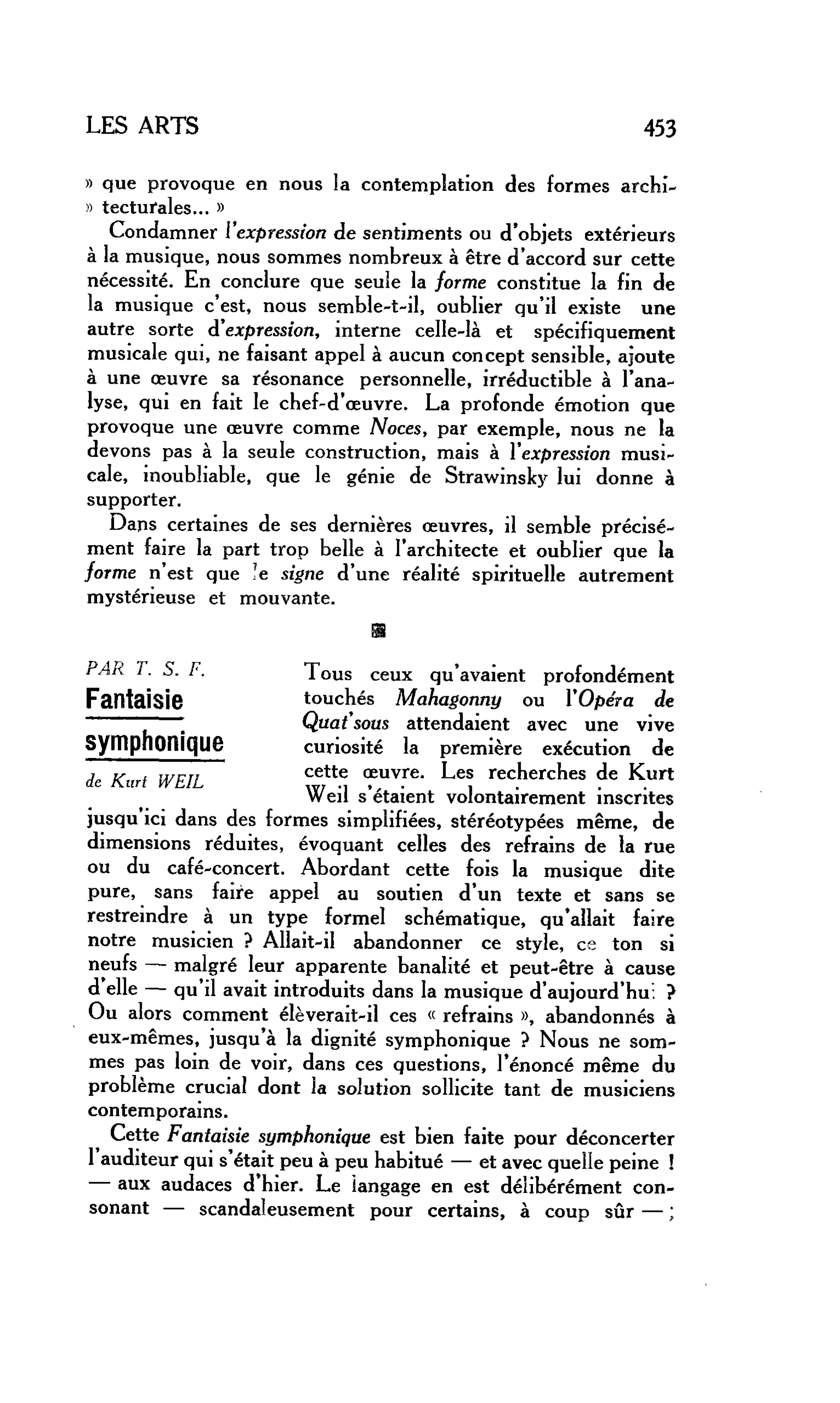 LES ARTS : PAR T. S. F. Fantaisie symphonique de Kurt WEIL